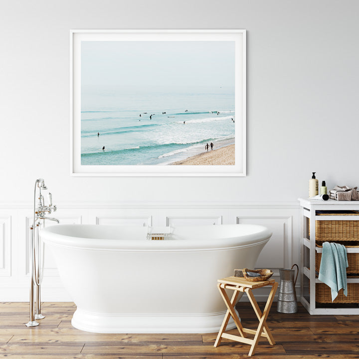 Large framed wall art photograph of Marconi Beach on Cape Cod in a bathroom