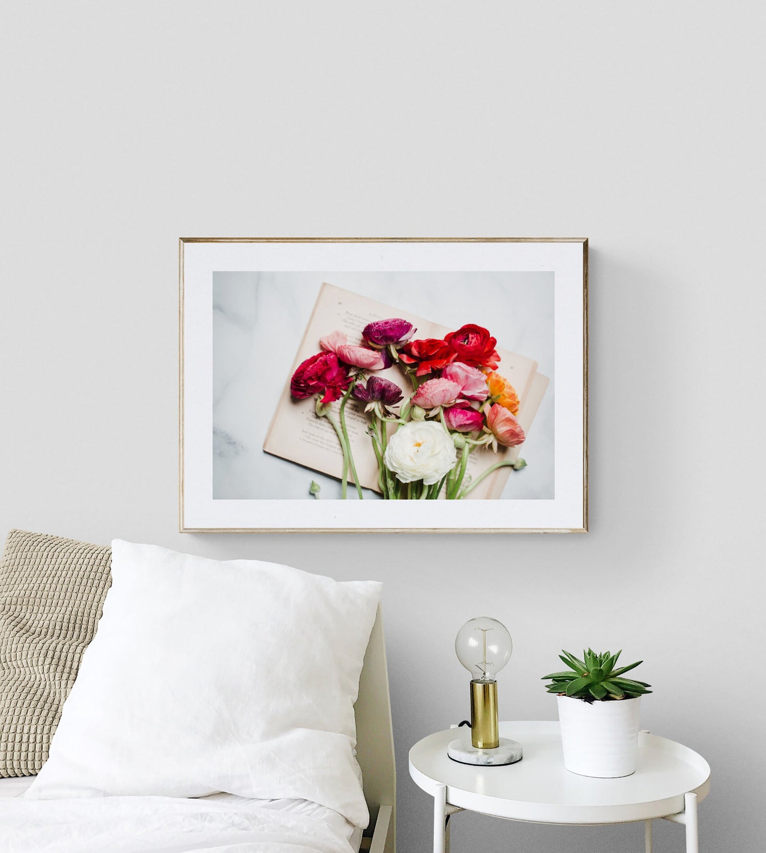 Framed Wall Art Print of Ranunculus Flowers in a Bedroom