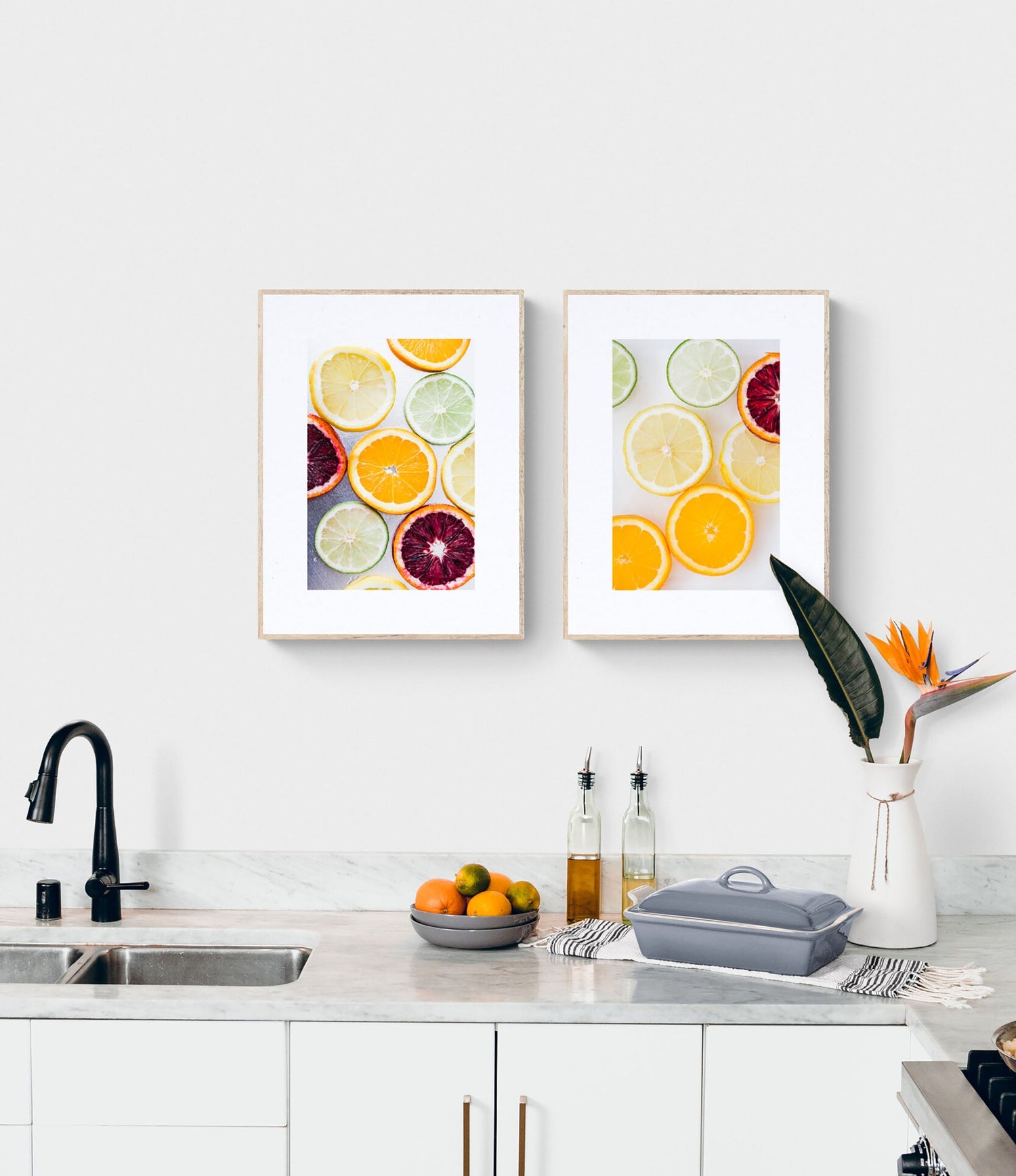 Two Framed of Photographs of Citrus Slices in a Kitchen as Wall Art