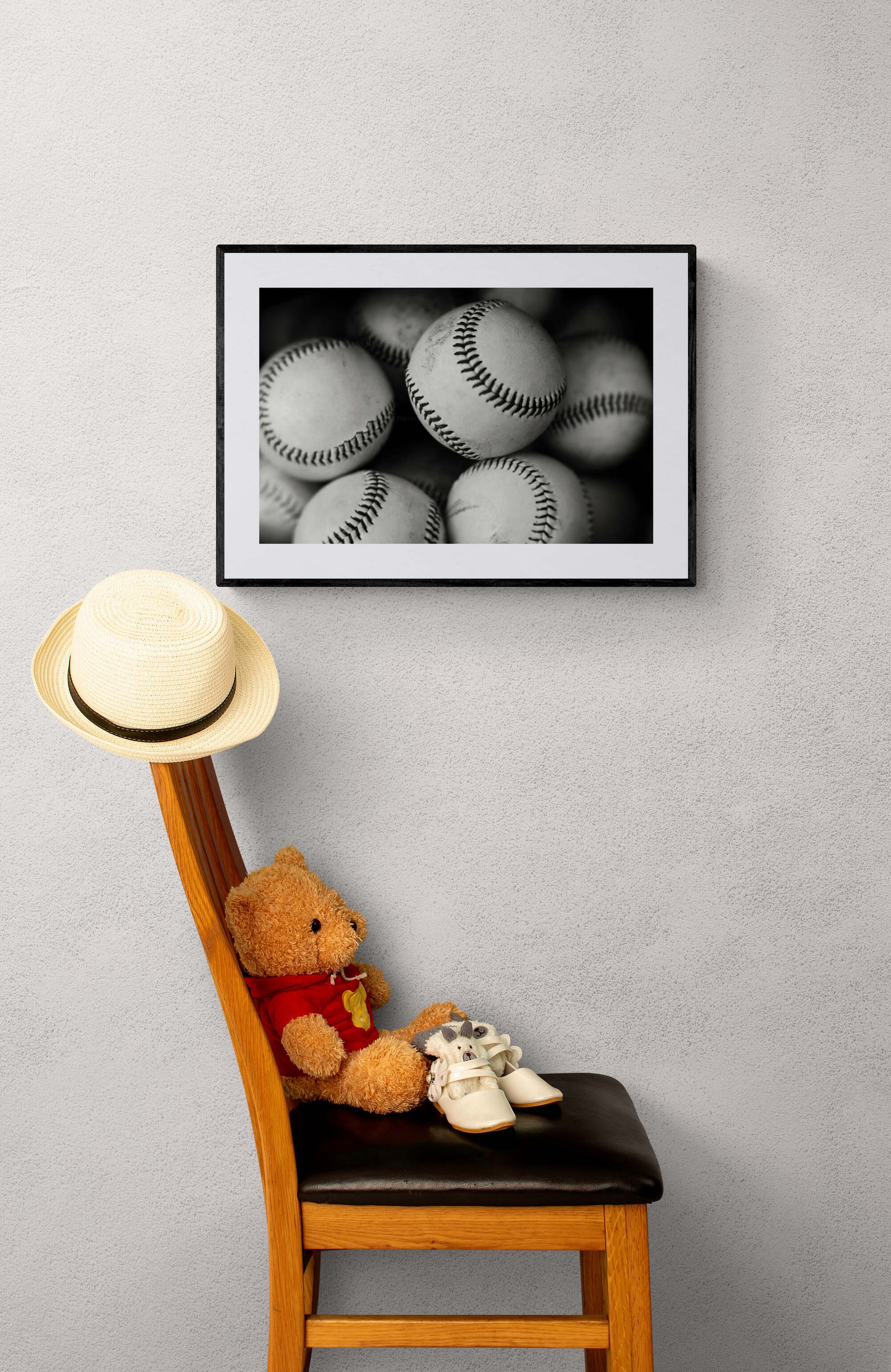 Baseballs Photograph in Black and white in a kids room