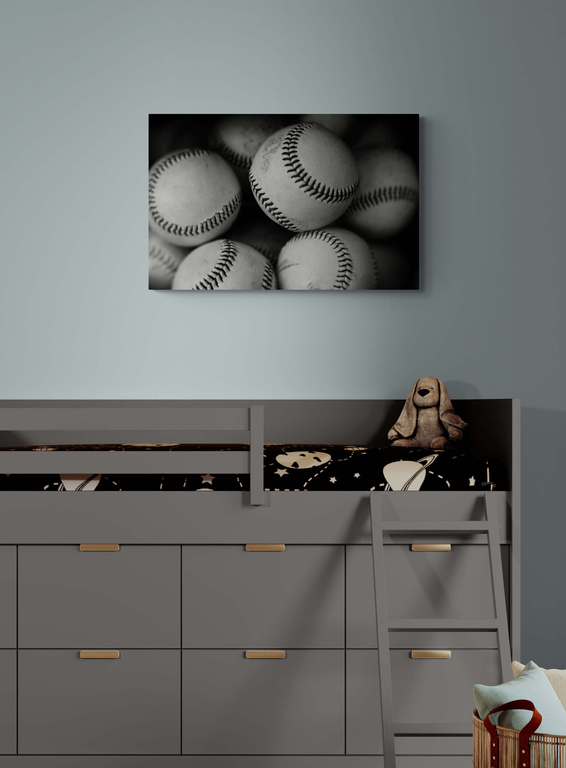 Baseballs Photograph in black and white in living room