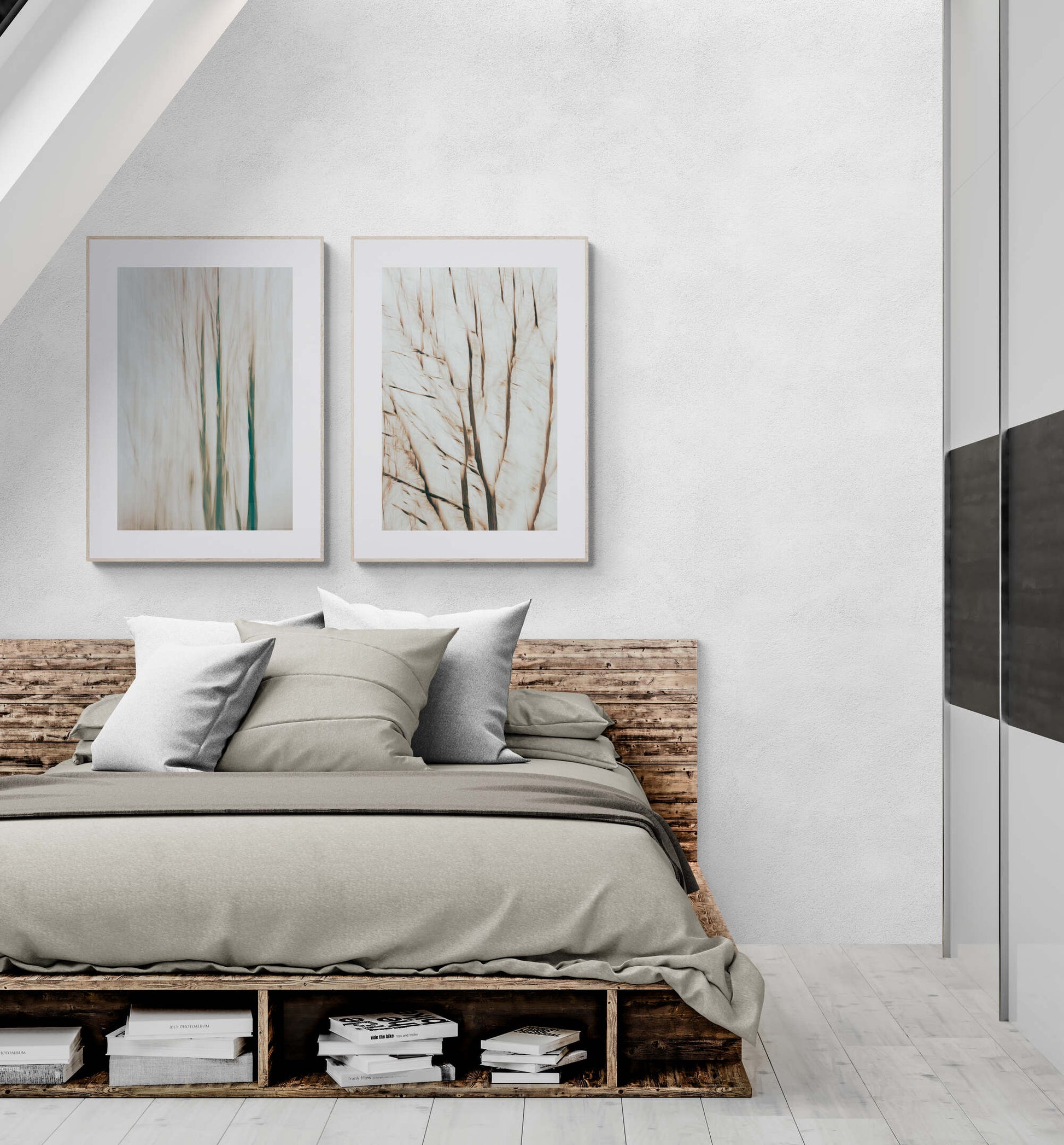 Set of 2 abstract prints of trees as wall art in a bedroom