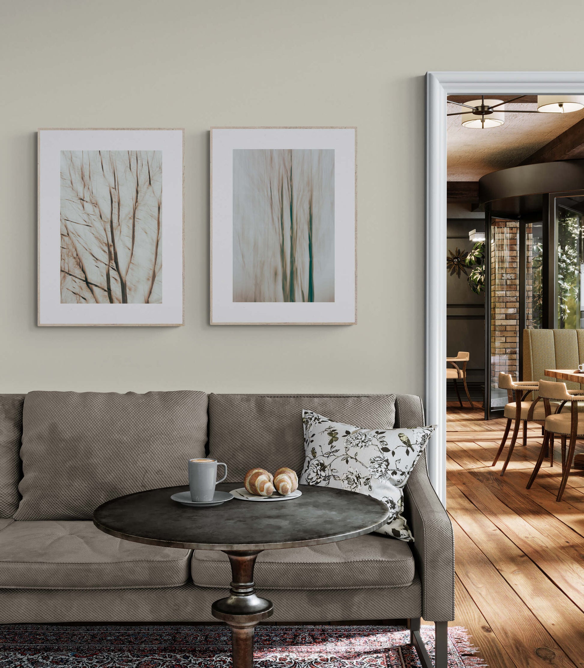 Set of 2 abstract prints of trees as wall art in a living room