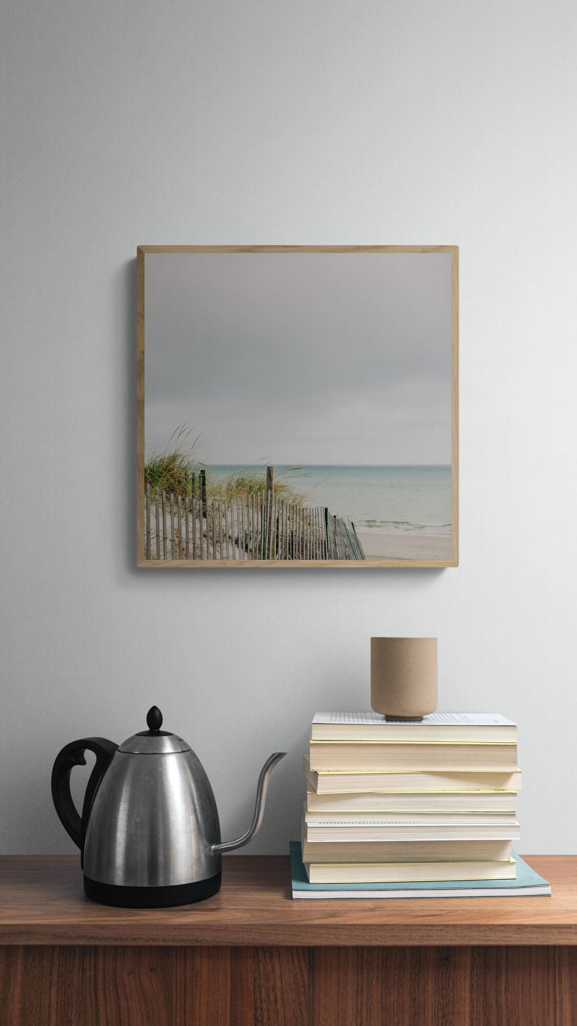 A peaceful beach print scene in a kitchen.
