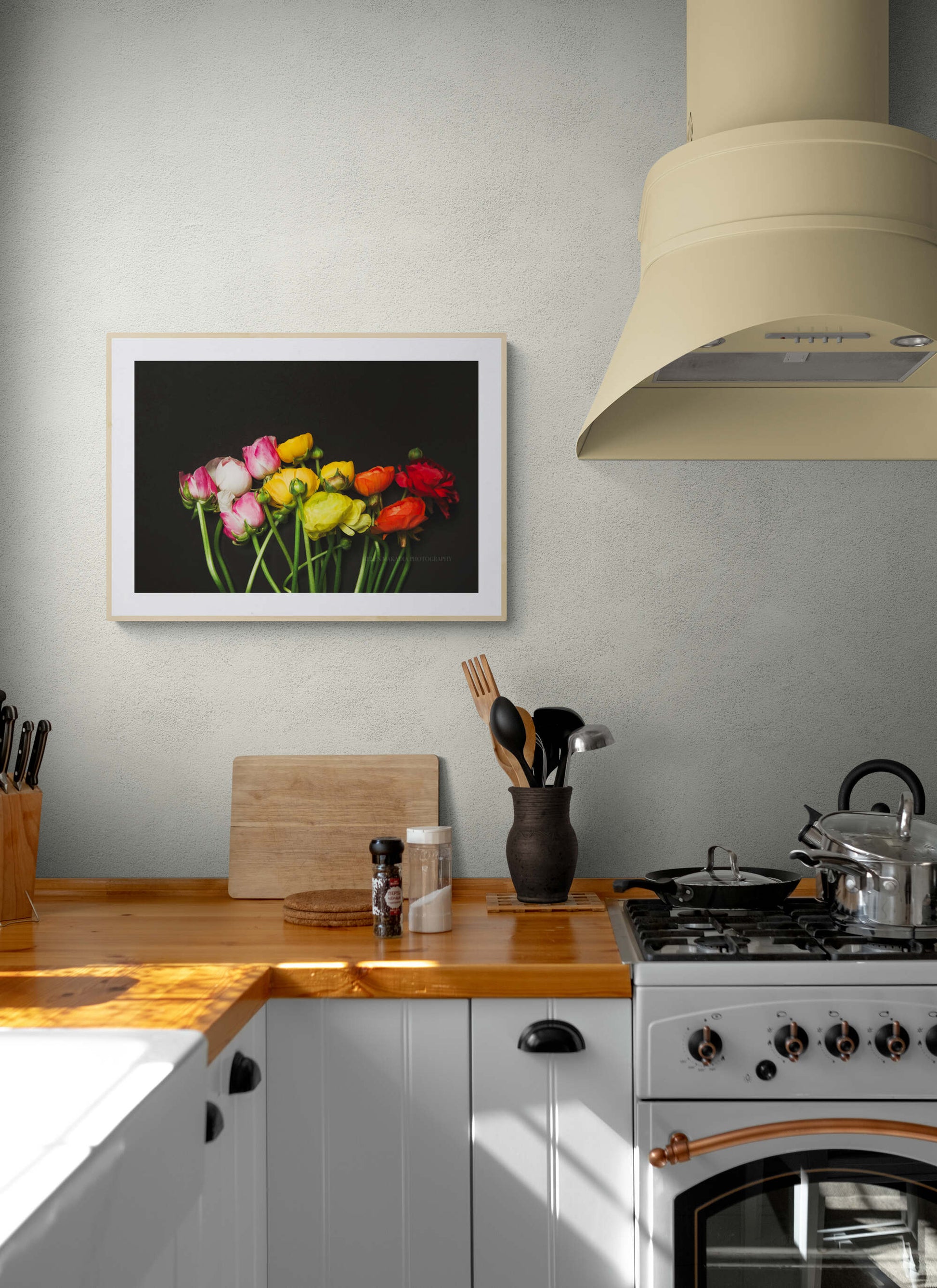 A colorful ranunculus bouquet photograph as kitchen wall art