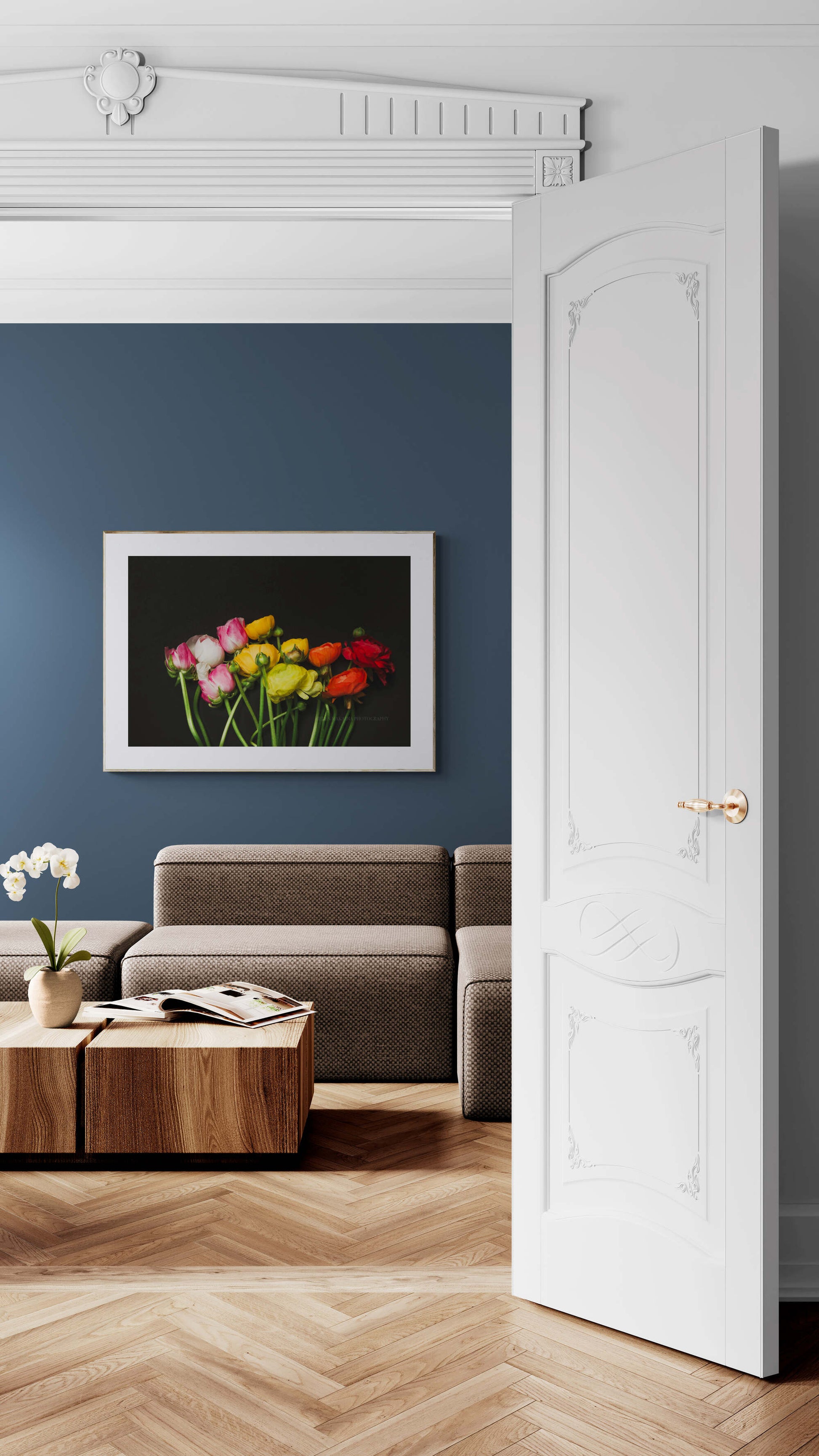 A photograph of ranunculus bouquet as living room wall art