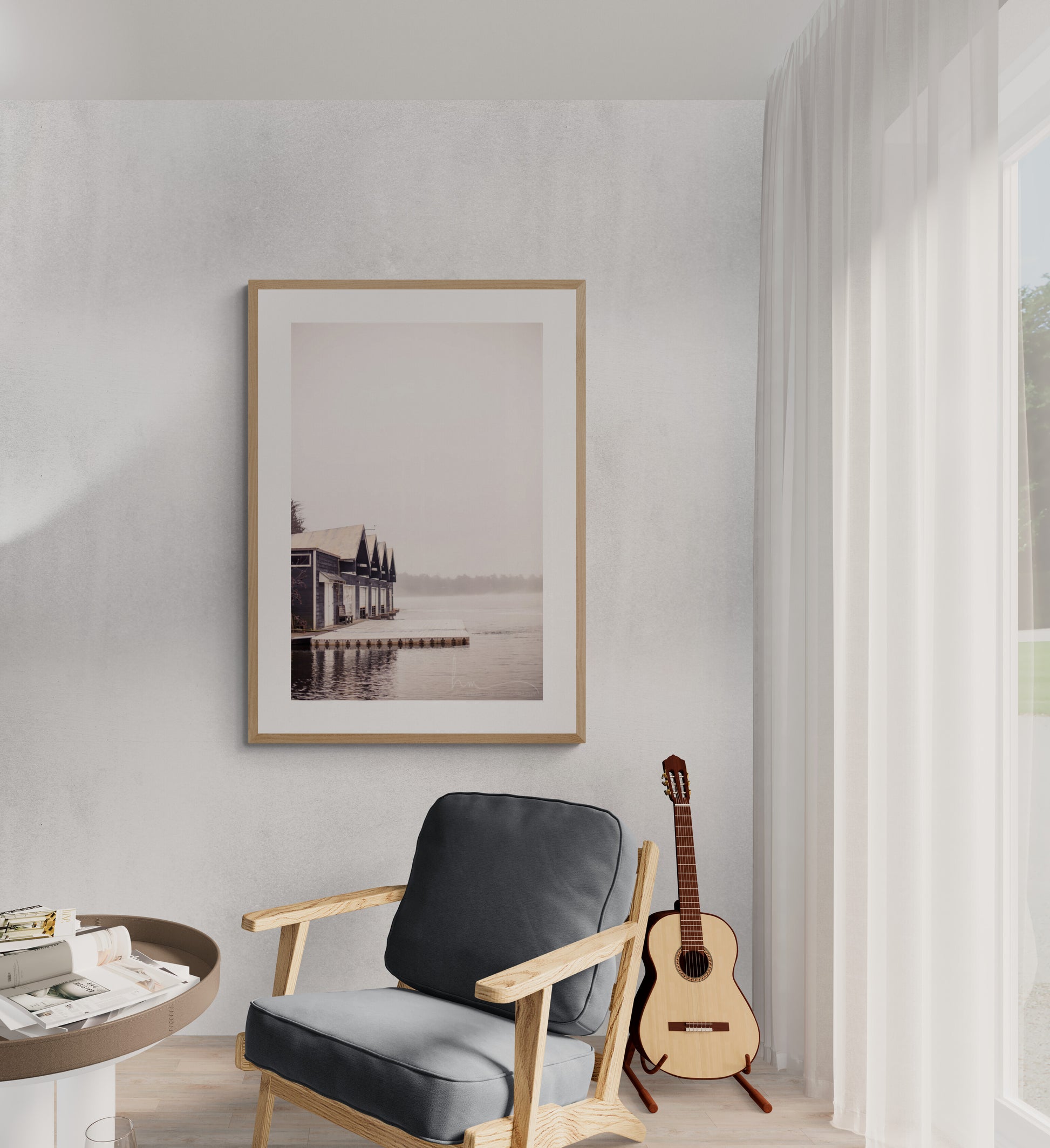 Boathouse on a lake photograph print in a den as wall art