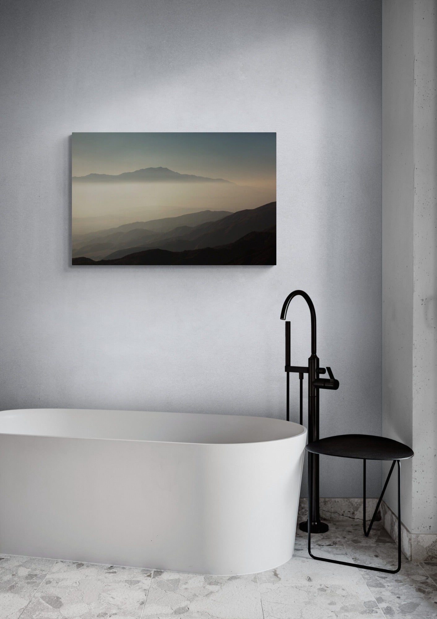 Canvas of a photograph of california mountains in a bathroom as wall art