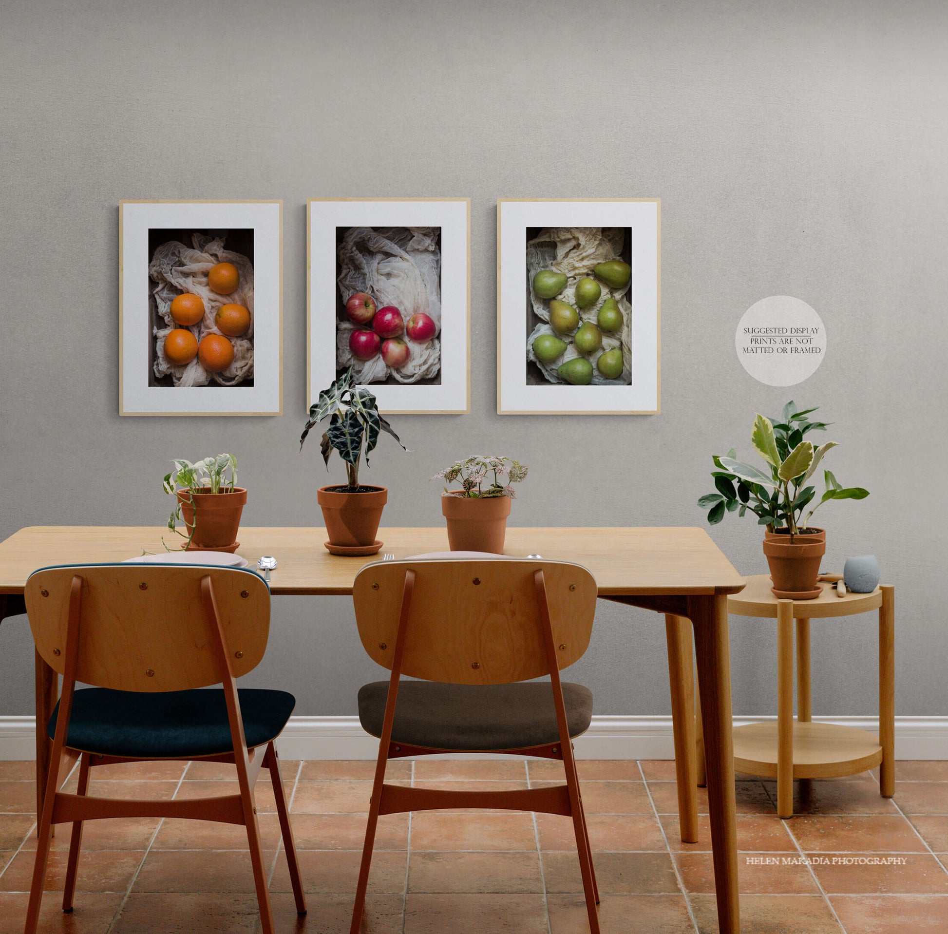 Fruit Print Collection featuring pears, oranges and apples in a kitchen