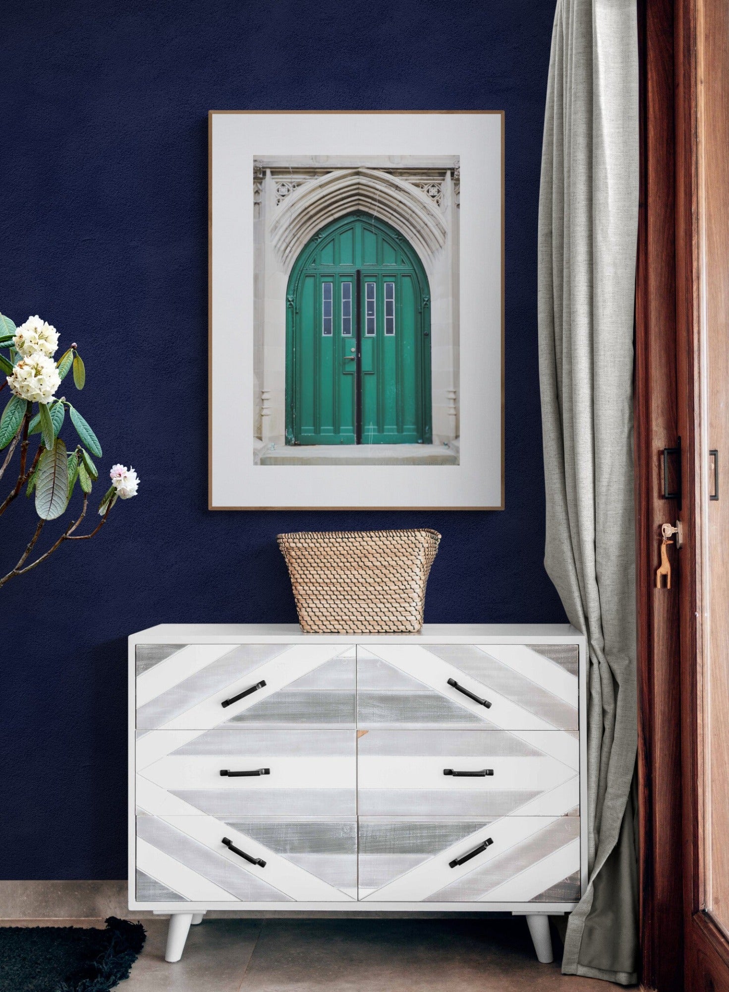 Gothic green door photograph print in a dining room
