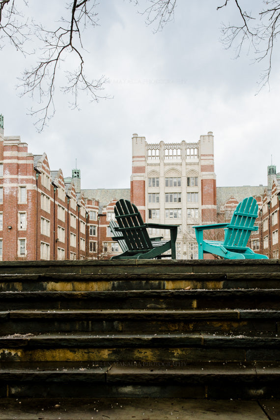 Wellesley College Photograph of Tower Courtyard with Adirondack chairs