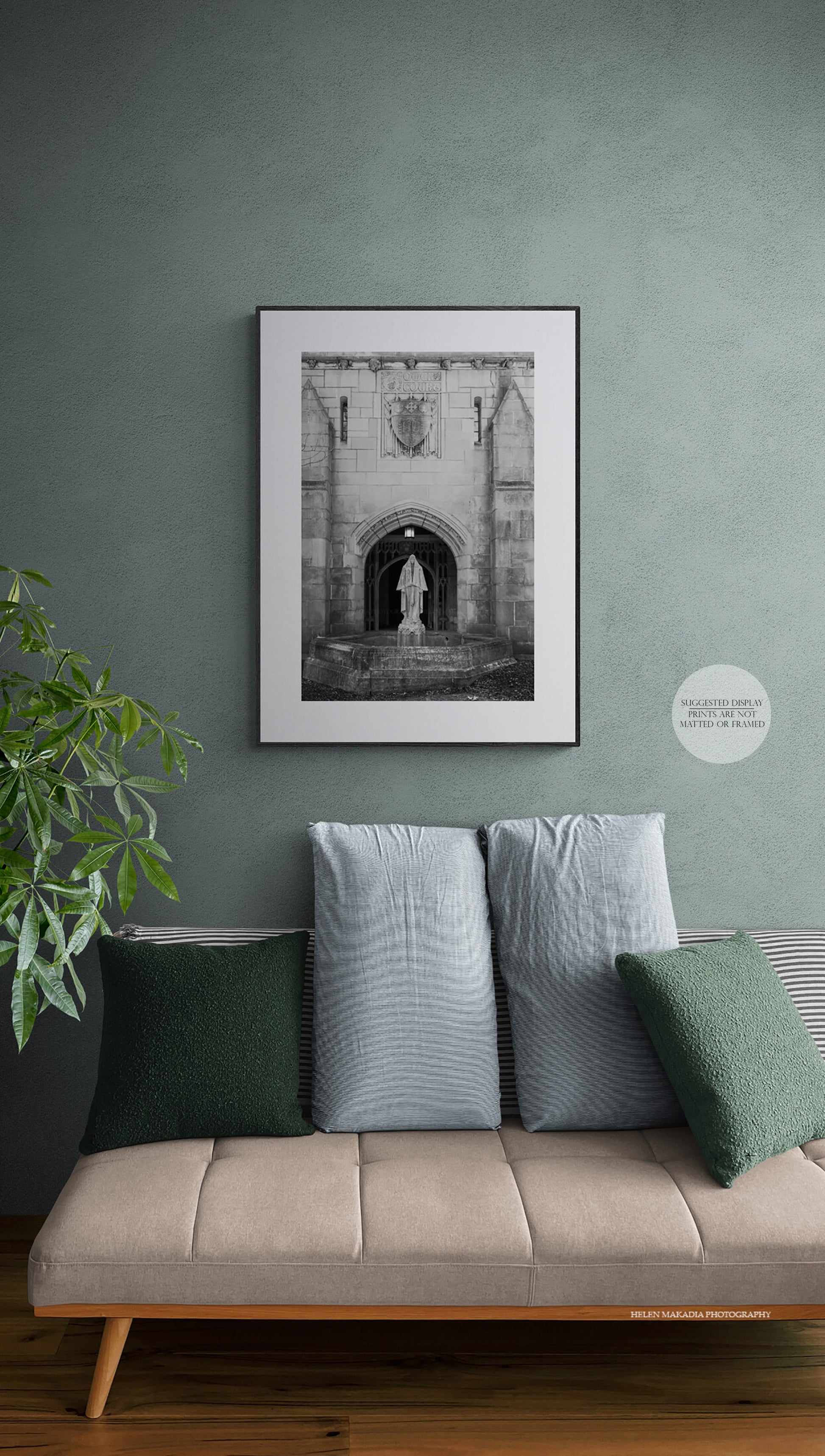 Photograph of Tower Court Stone Facade and Statue at Wellesley College in a Living Room