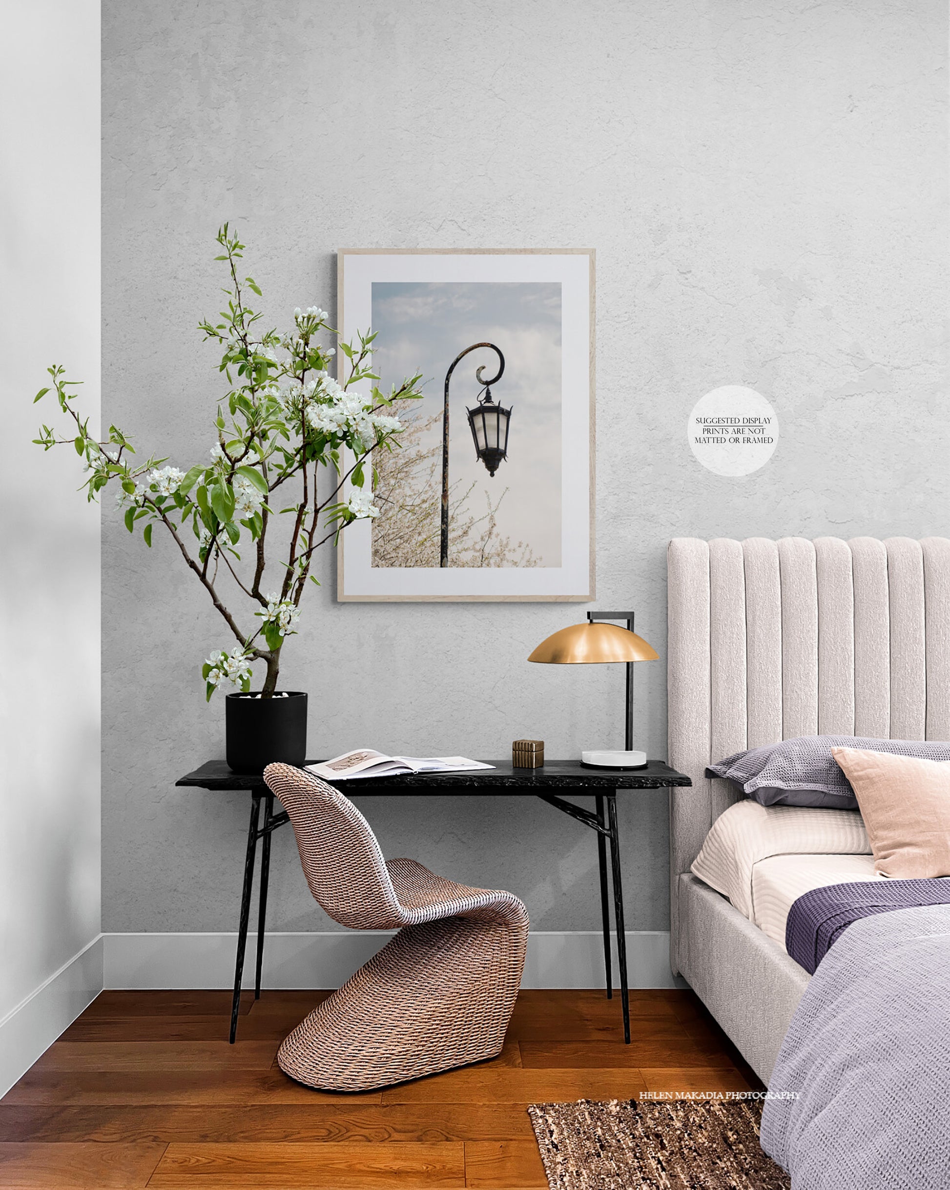 Wellesley College lantern amongst white spring blossoms, photograph as wall art in a bedroom