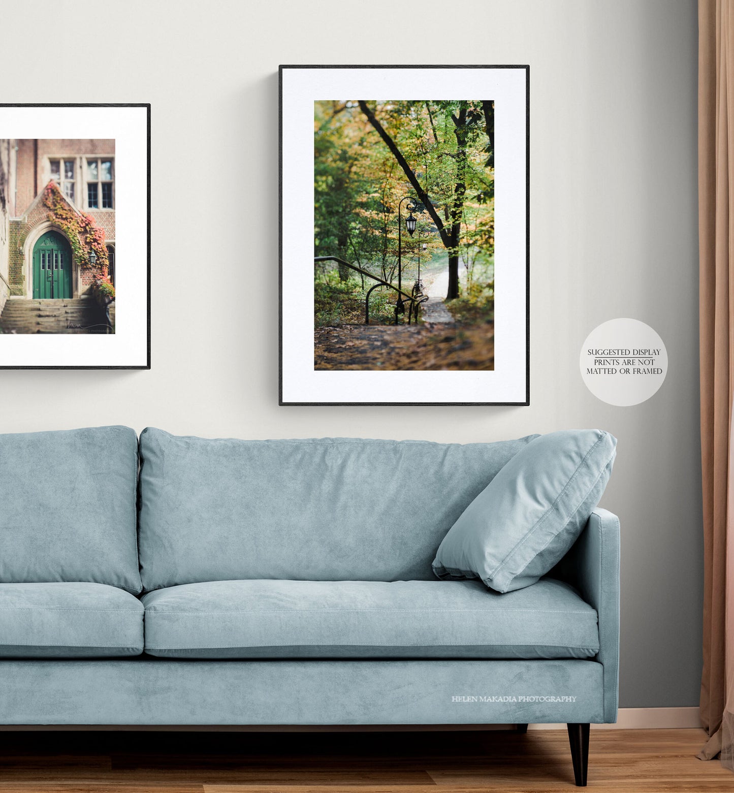 Framed print of Staircase and path at Wellesley College, in a living room.