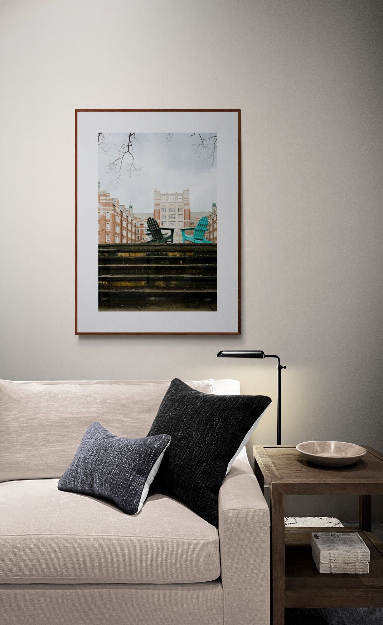 Wellesley College Photograph of Tower Courtyard with Adirondack chairs in a living room as wall art