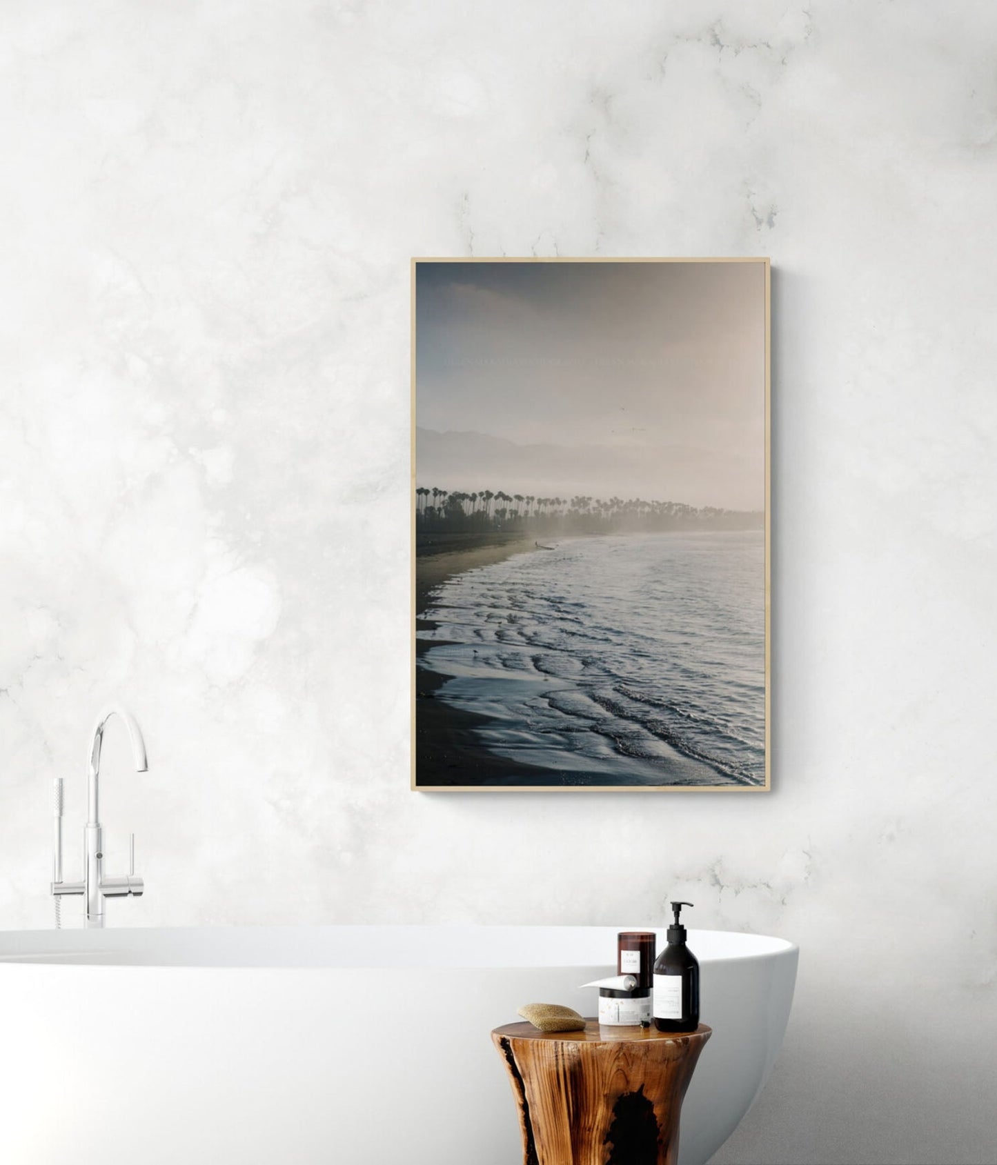 Santa Barbara Beach Morning Sunrise Print in a bathroom