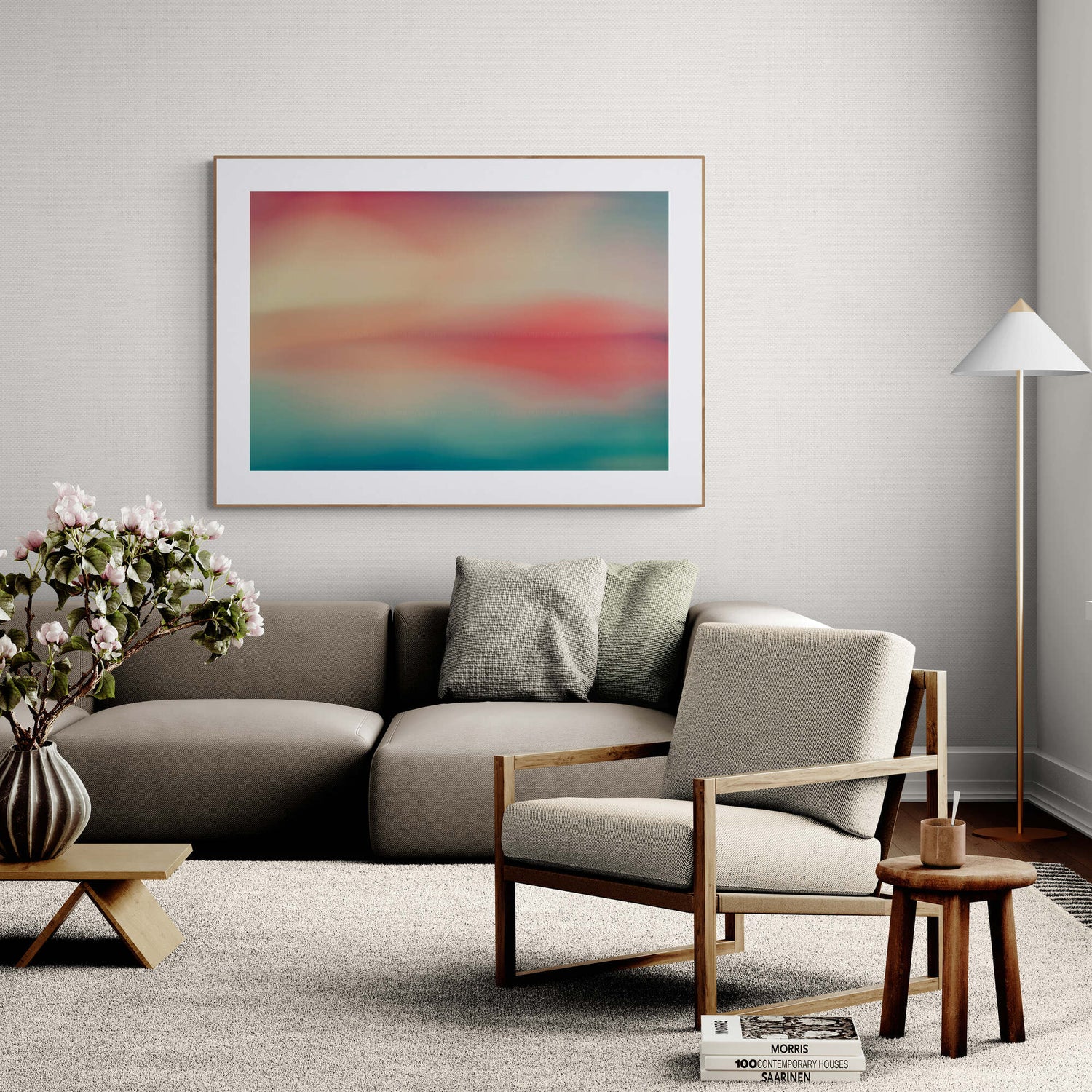 Colorful framed abstract print in a bedroom