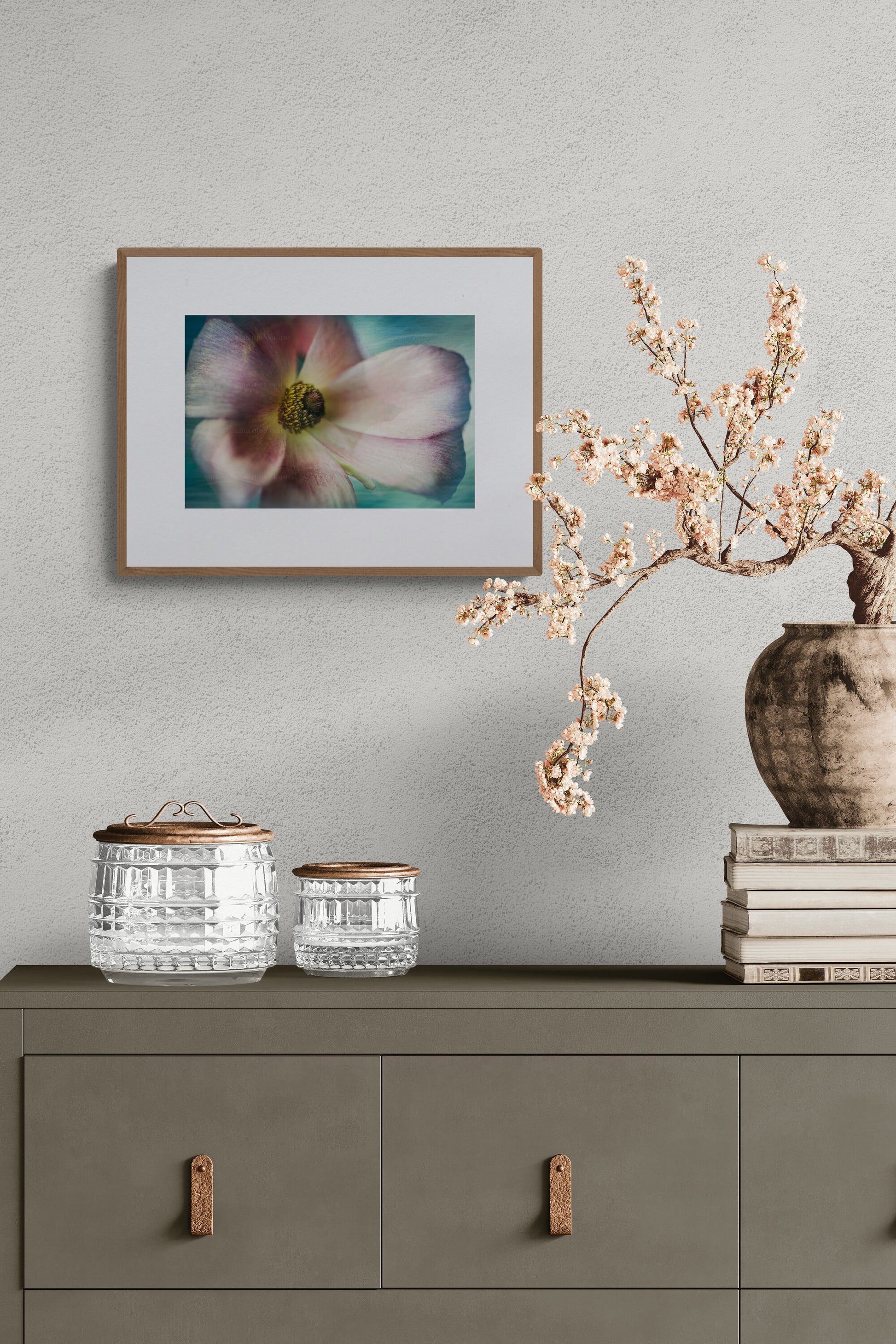 A painterly photograph of a ranunculus as wall art inspiration in a dining room sidebar