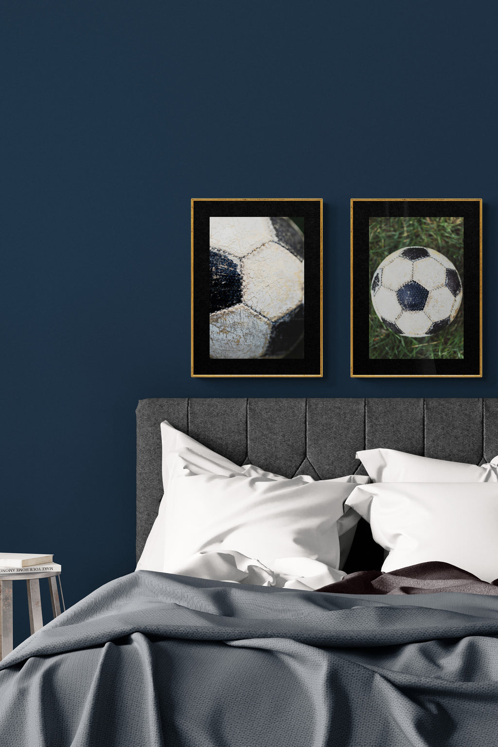 Athletic boy teen bedroom inspo with soccer ball photographs as wall art.