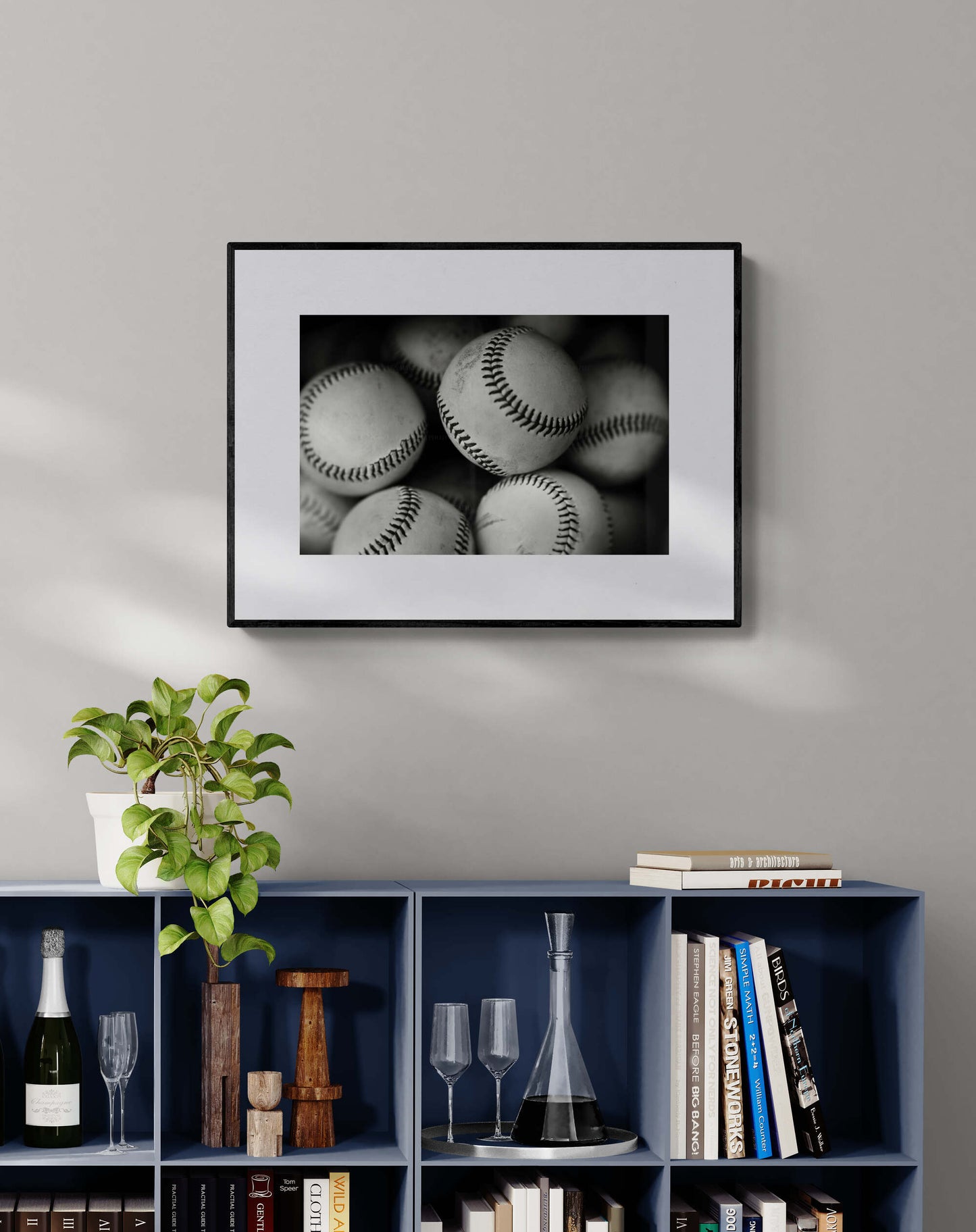 Baseballs Photograph in black and white in living room