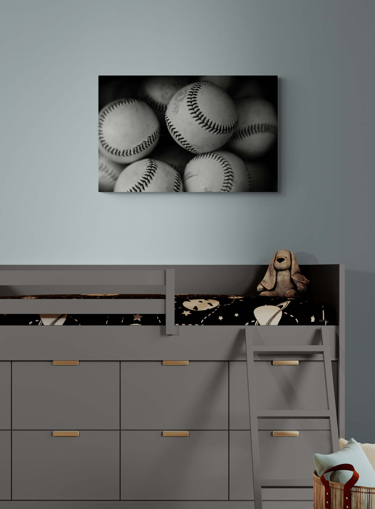 Baseballs Photograph in black and white in living room