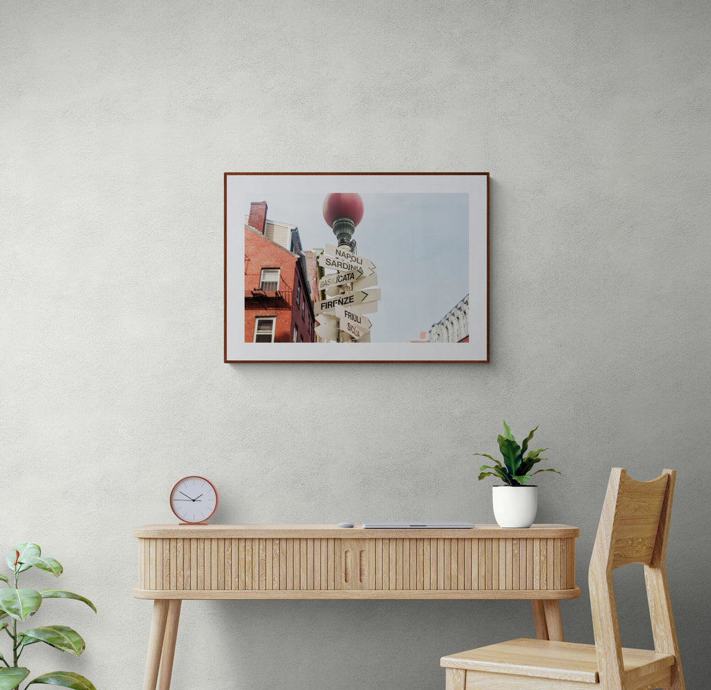 Photograph of Directions to Italy Sign in Boston's North End as Wall Art in an Office