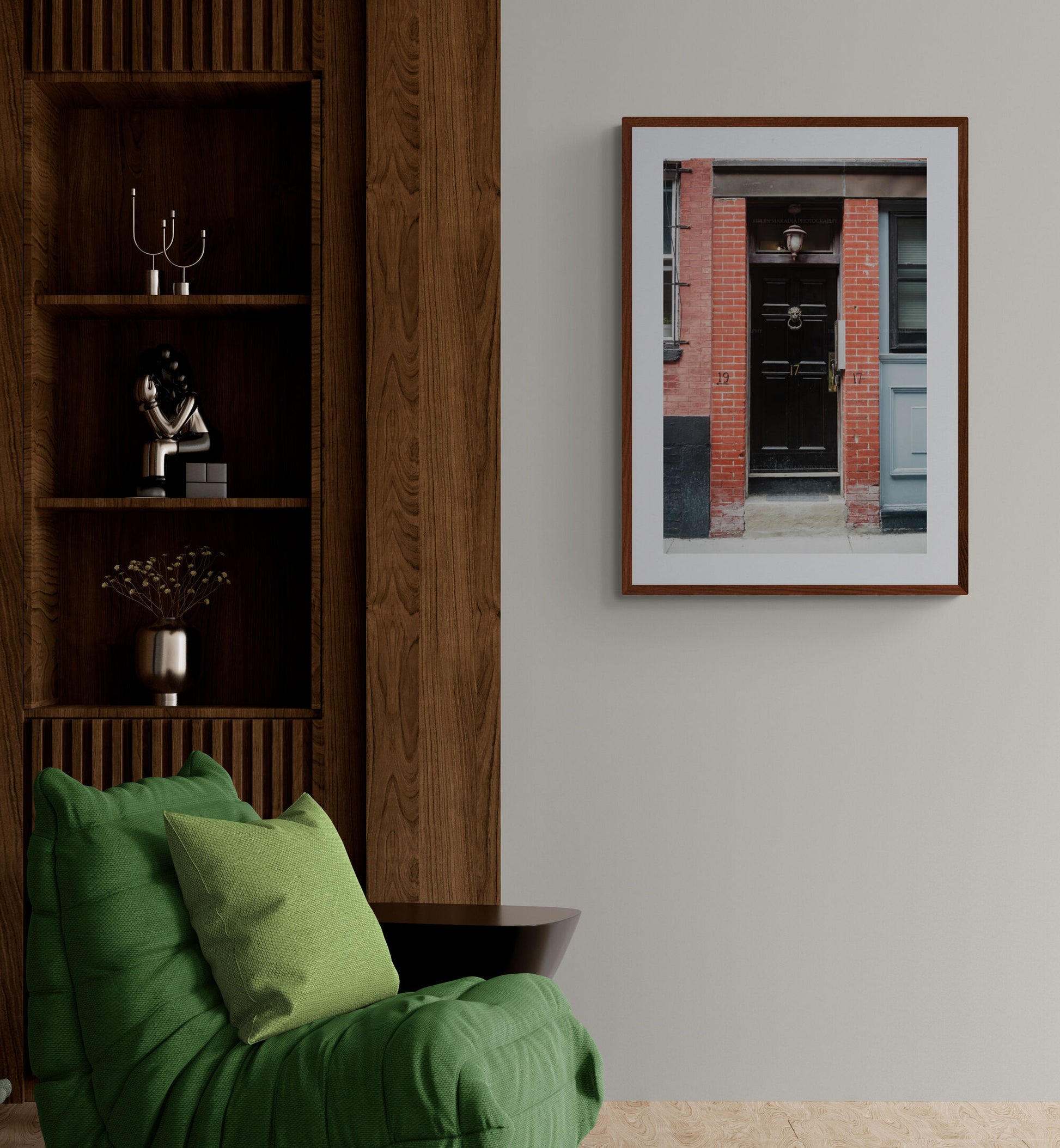 Photograph of a Black Door in Boston's North End as Wall Art in a sitting room
