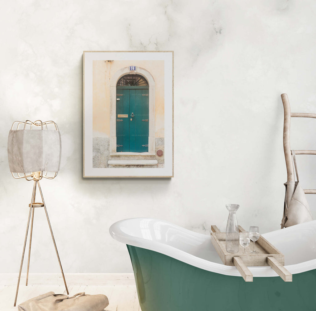 Photograph of a Blue Green Door in Sintra Portugal as Wall Art in a bathroom