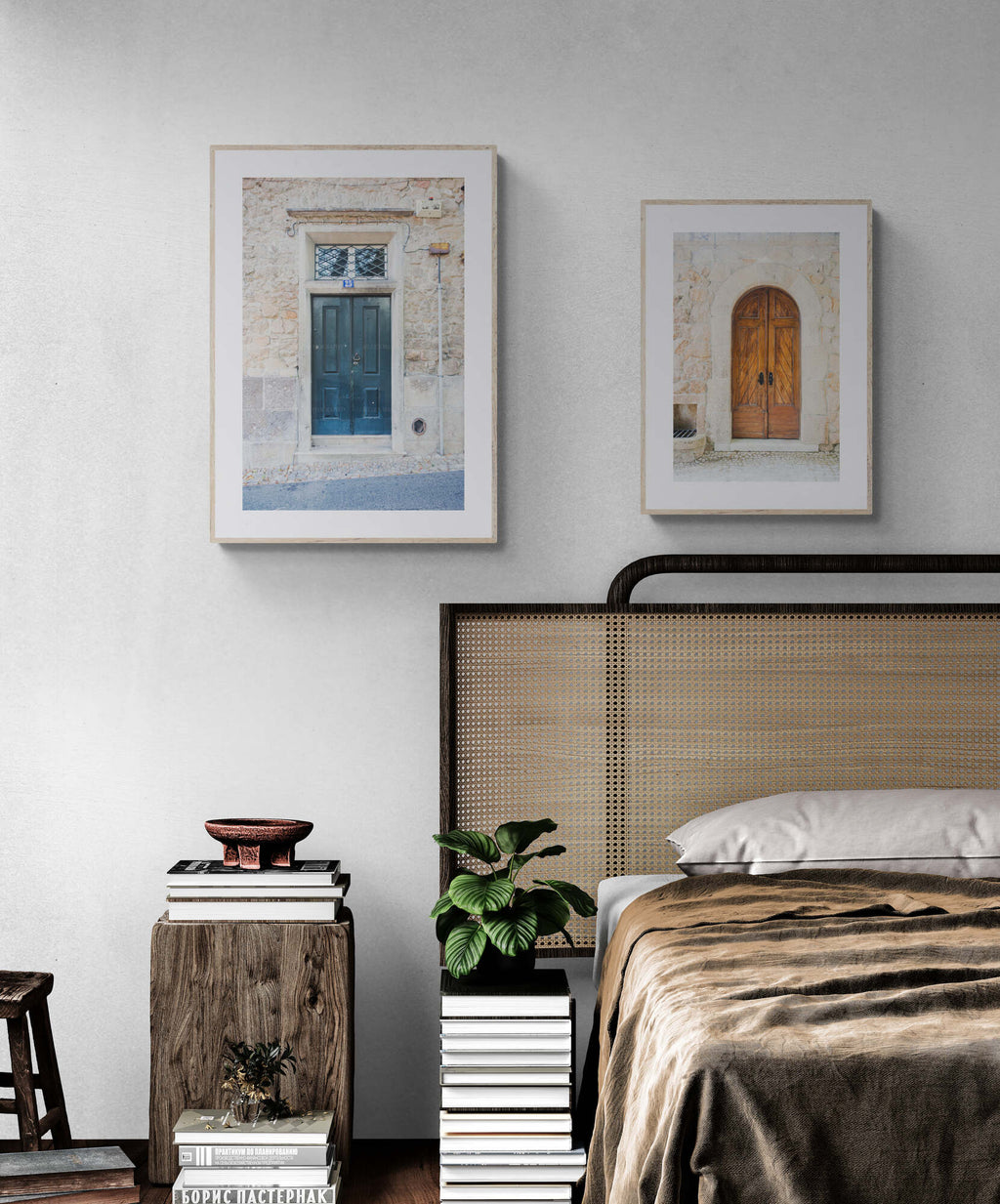 Photograph of Blue Green Door of Sintra Portugal as Wall Art in a Bedroom with second photograph
