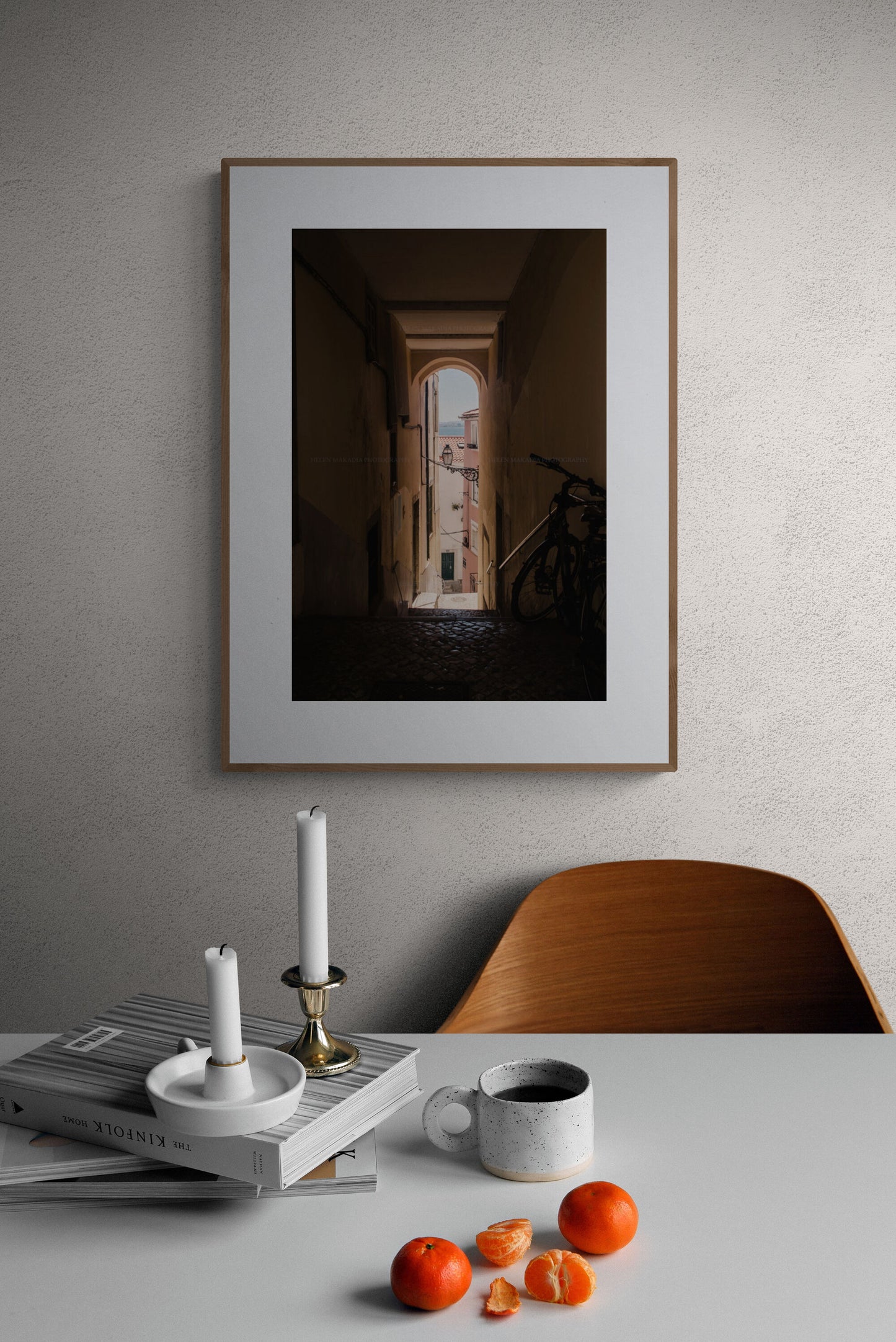 Lisbon narrow street and staircase as wall art in a dining room