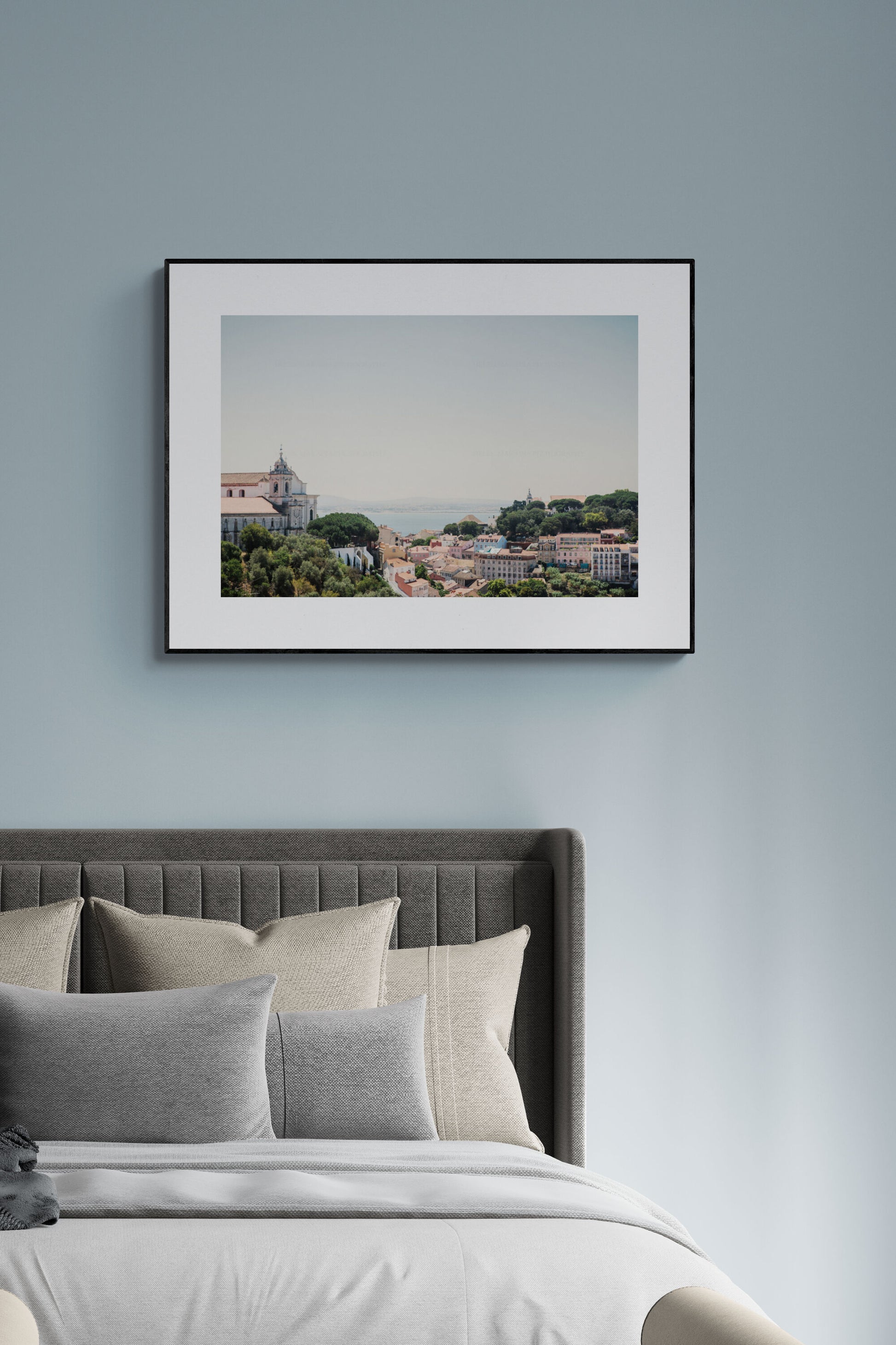 photograph of Lisbon portugal rooftops as wall art in a bedroom