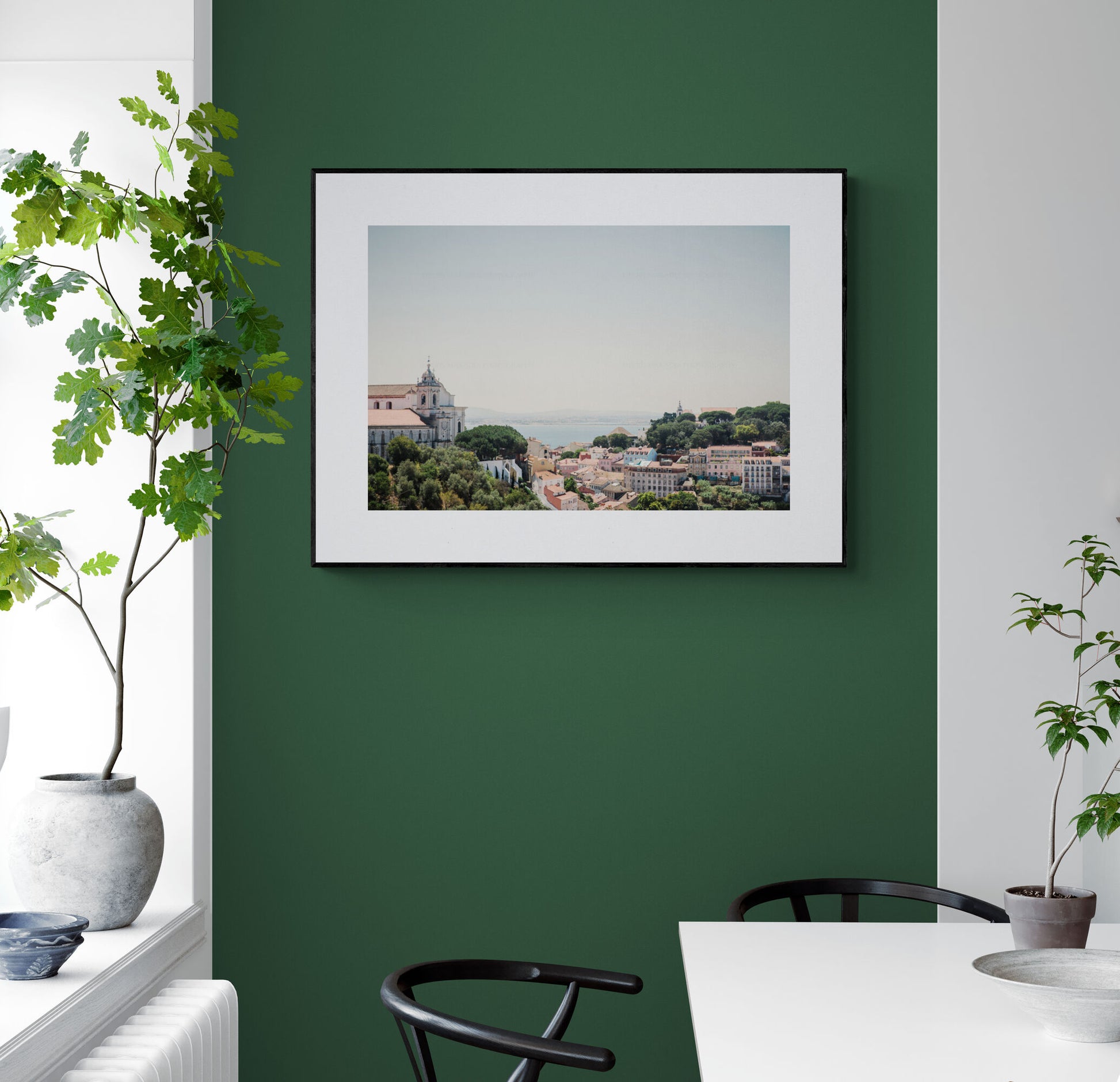 photograph of Lisbon portugal rooftops as wall art in a dining room