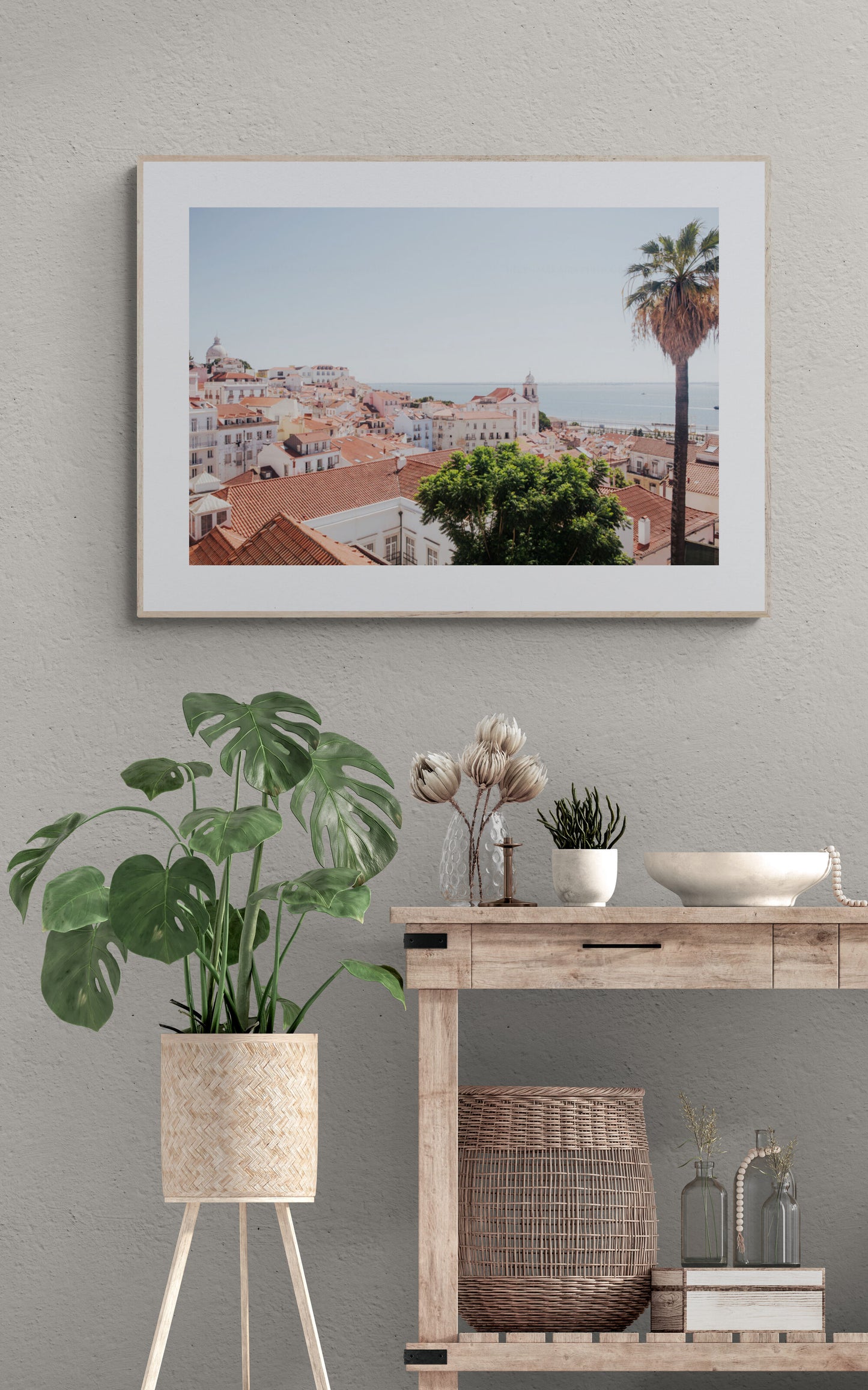 Lisbon Portugal rooftops photograph as travel wall art in an entryway
