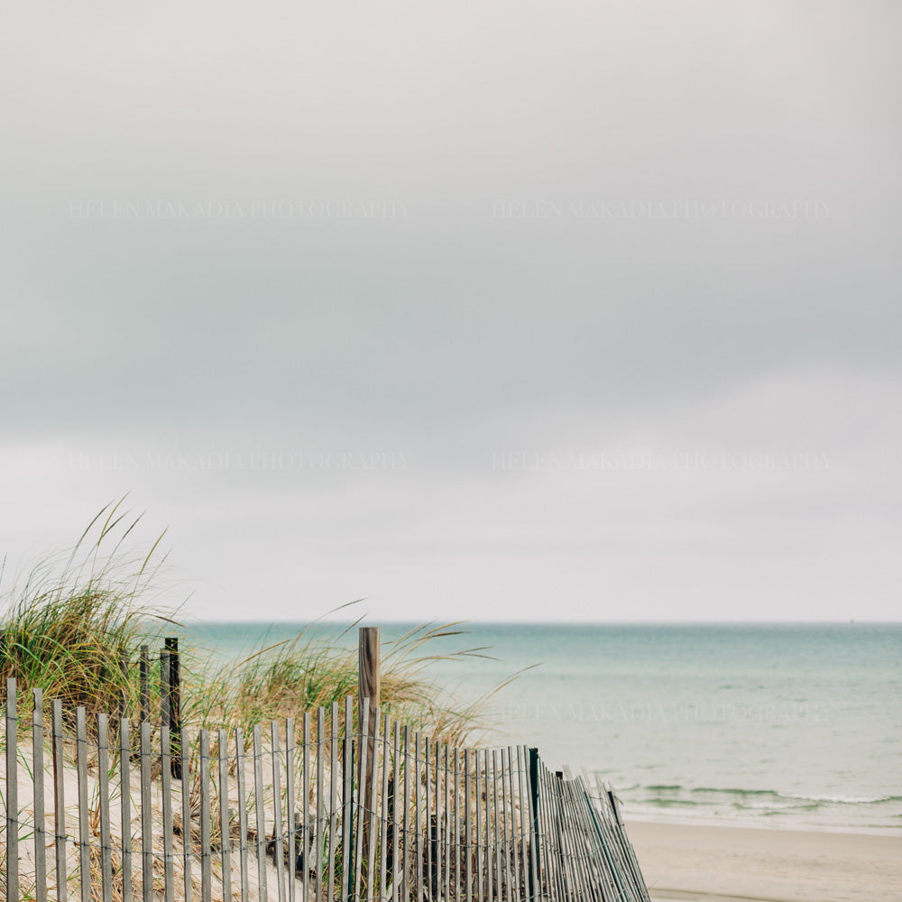 Beach scene with grass, a fence, and ocean under a clear sky