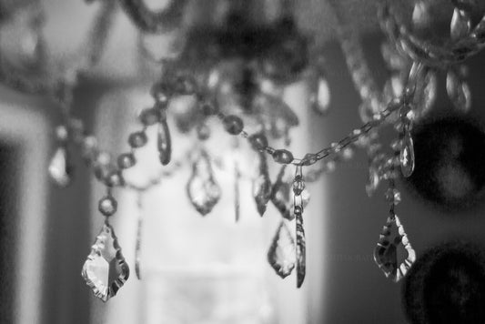 Black and White Photograph of a Crystal Chandelier