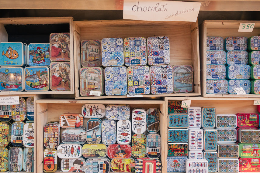 Photograph of Portuguese chocolate sardine tin cans