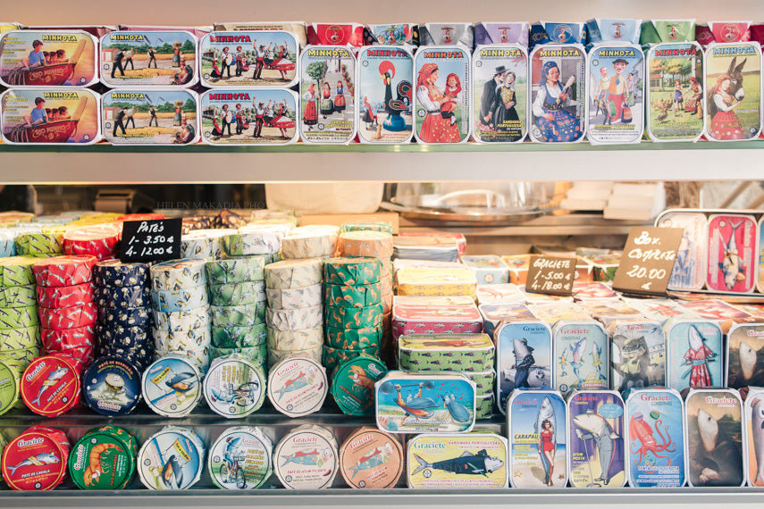 Photograph of Colorful Portuguese Sardine Tin Cans in the Bolhao Market in Porto