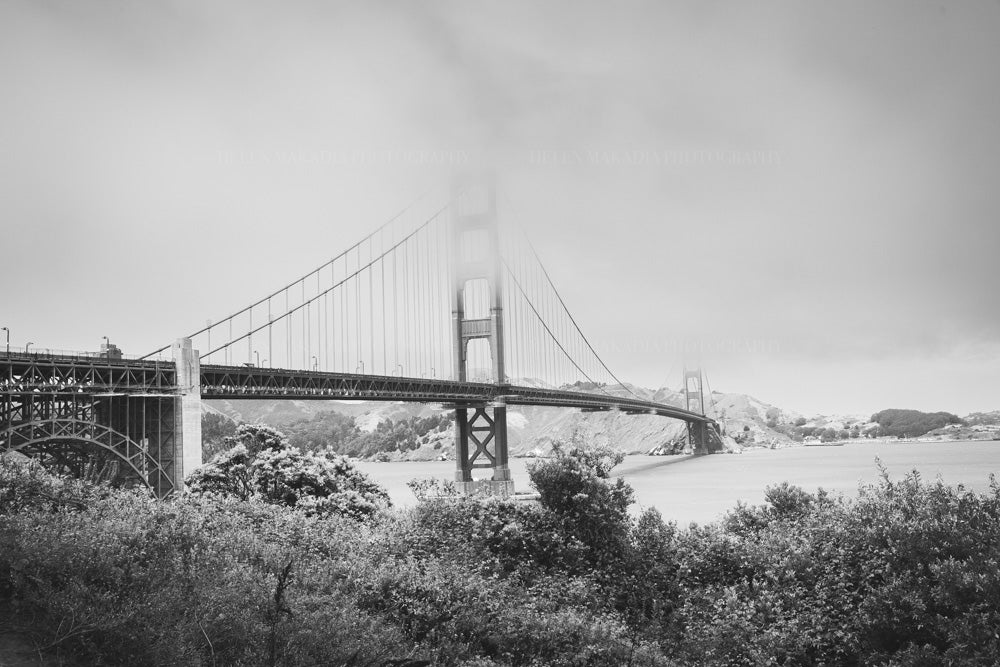 Black and white photograph of the Golden Gate Bridge in San Francisco, California