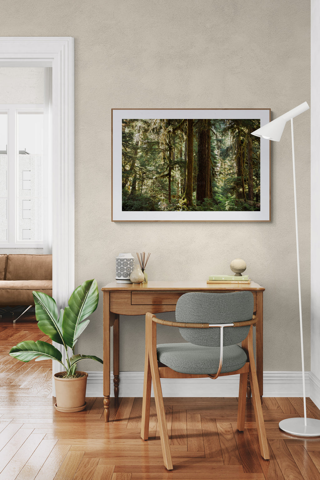 Moss-covered trees of olympic national park photograph as wall art in a home office.