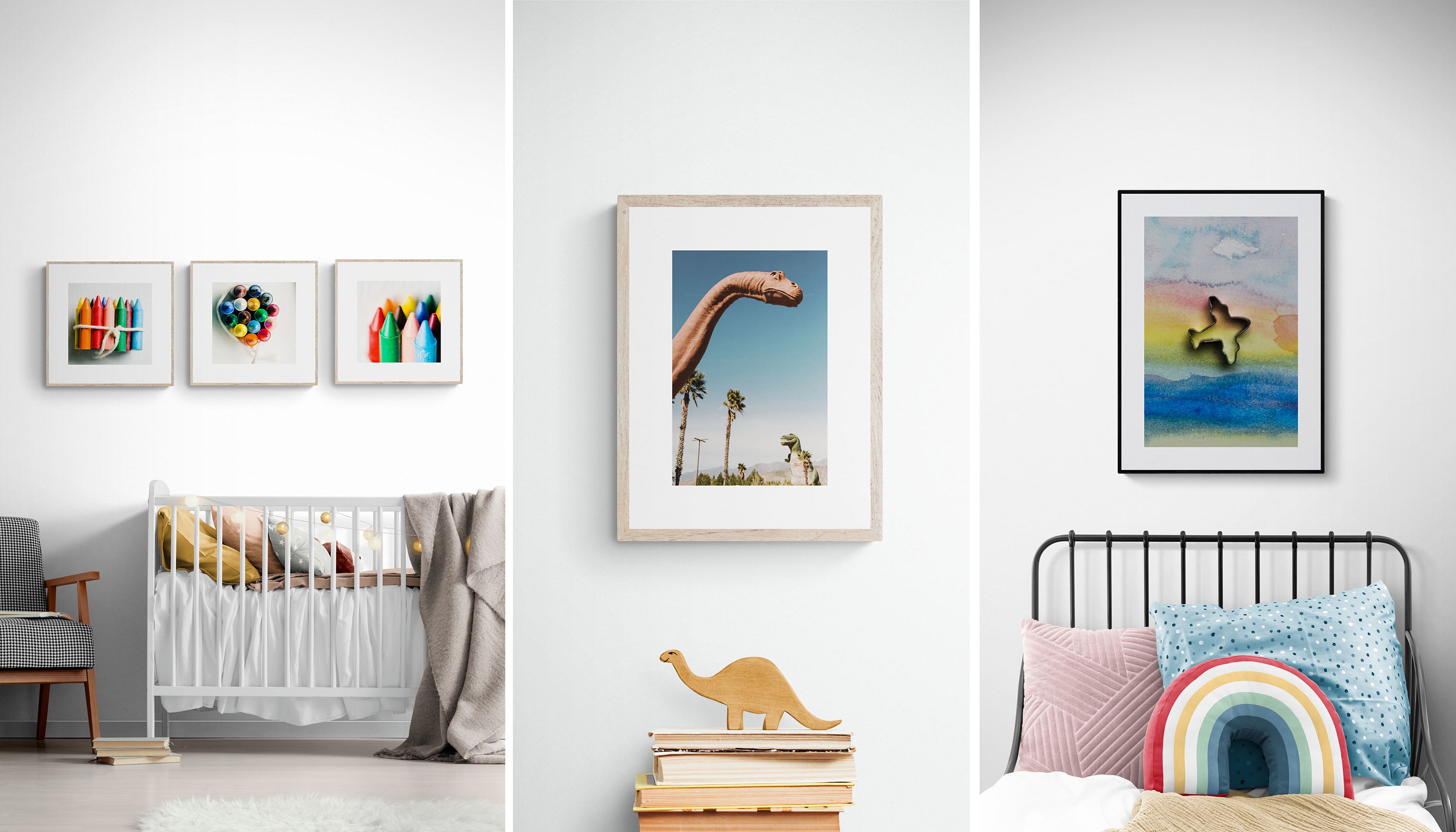 A set of 3 prints displayed in a nursery as wall art, photograph of the Cabazon Dinosaurs displayed in a kids room, a whimsical photograph of an airplane against watercolor skies in a children's room as wall art