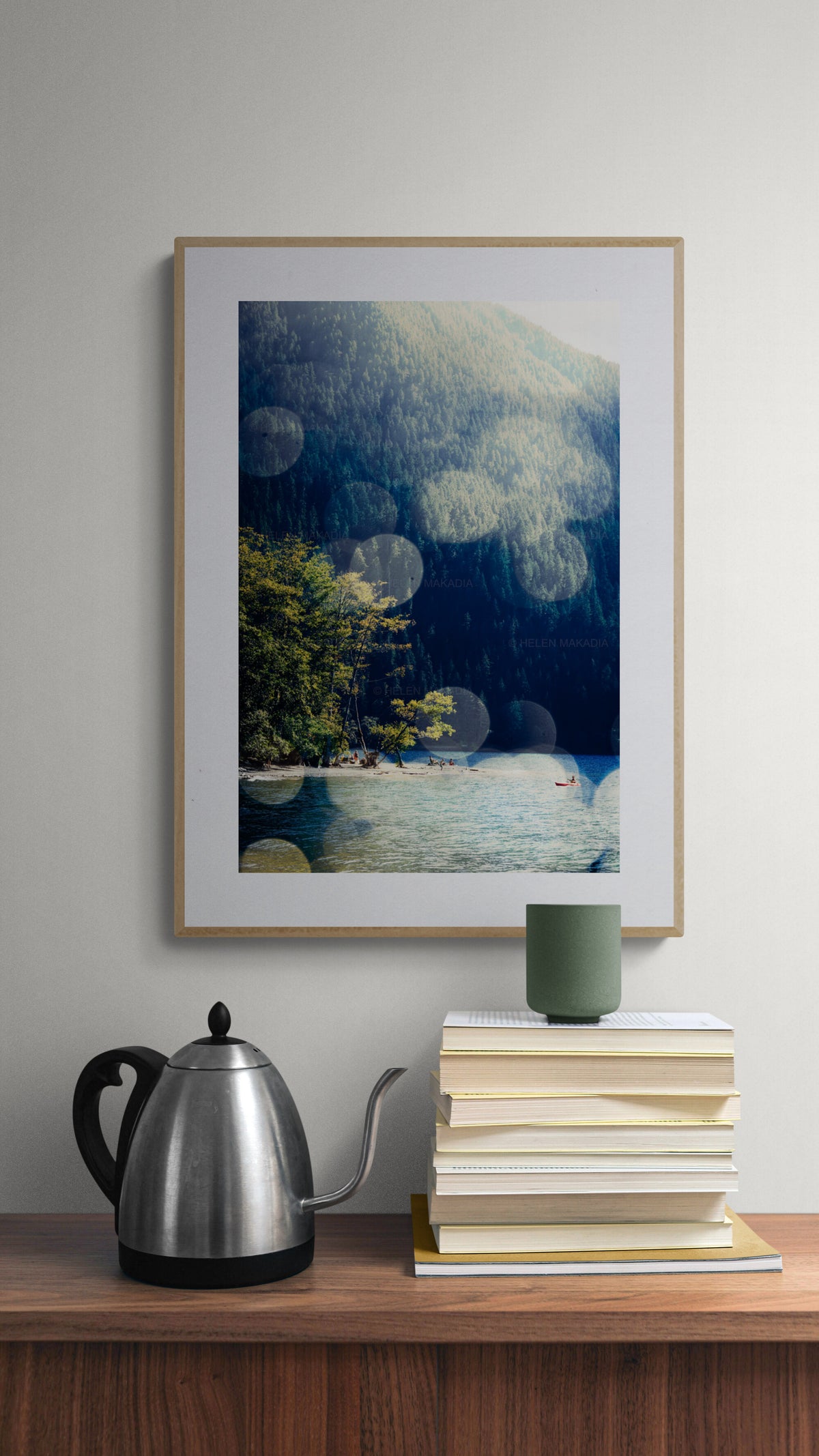 A photograph of summer fun on Crescent Lake in PNW in an office.