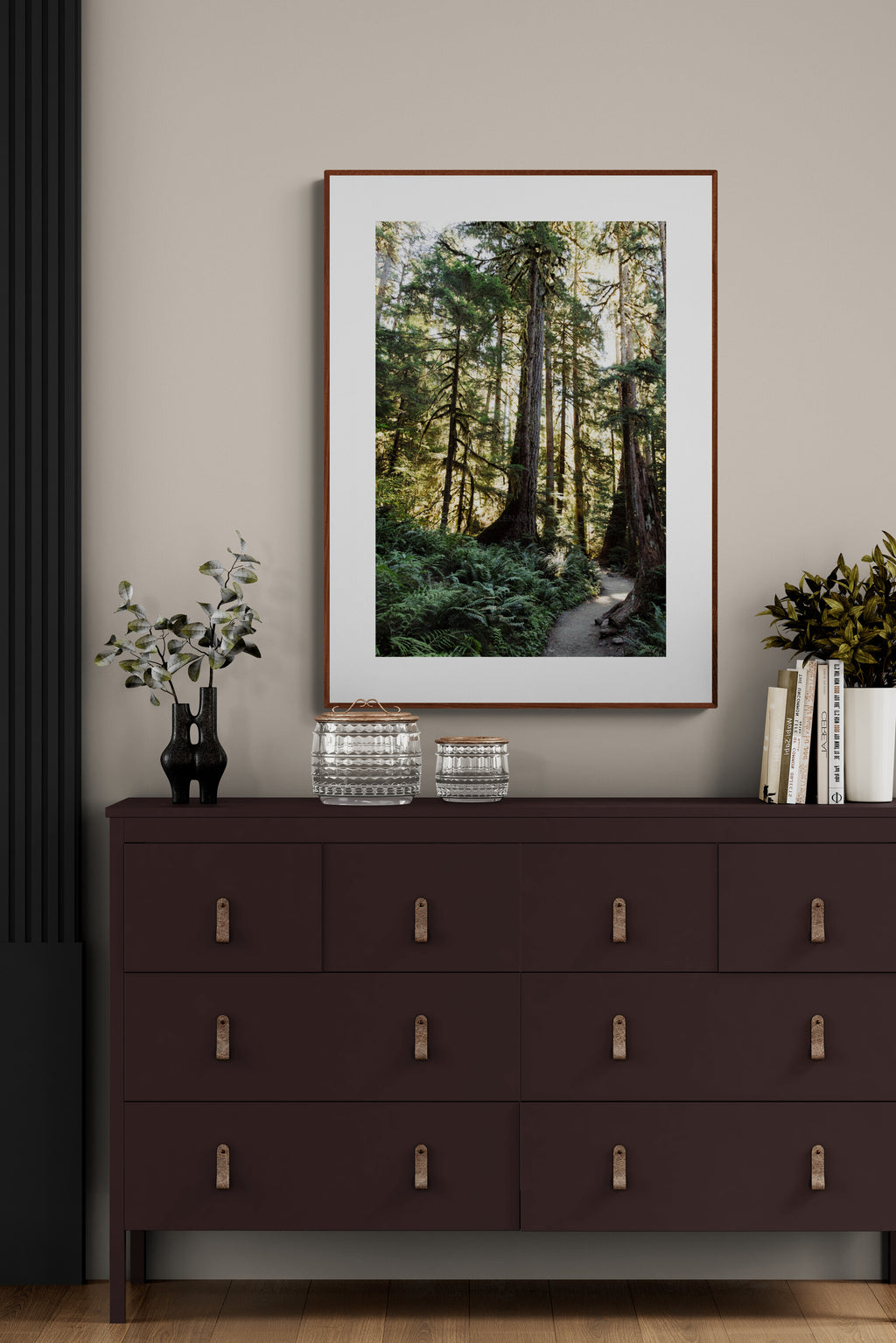 A photograph of a forest of mossy trees in the Sol Duc Trail in Olympic National Park in a living room.