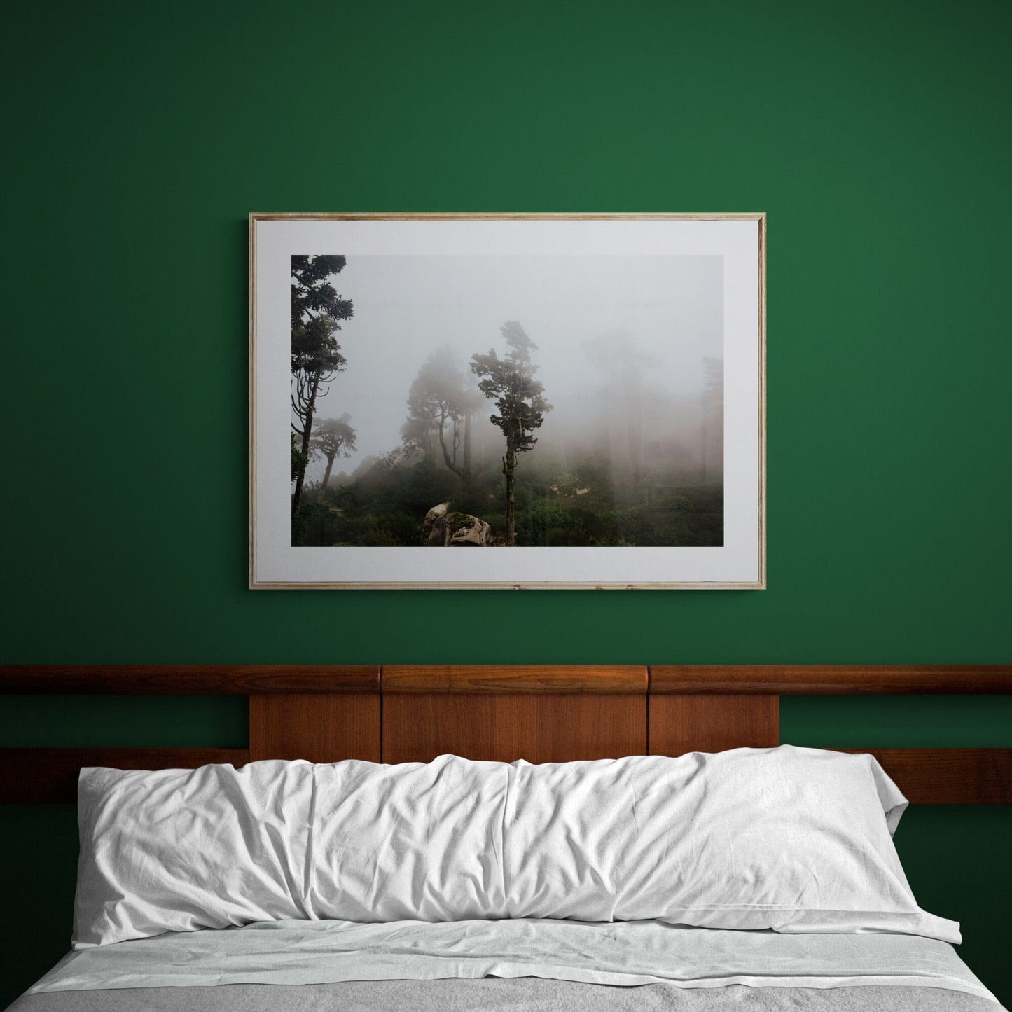 Photograph of foogy trees at moorish castle in sintra portugal as bedroom wall art