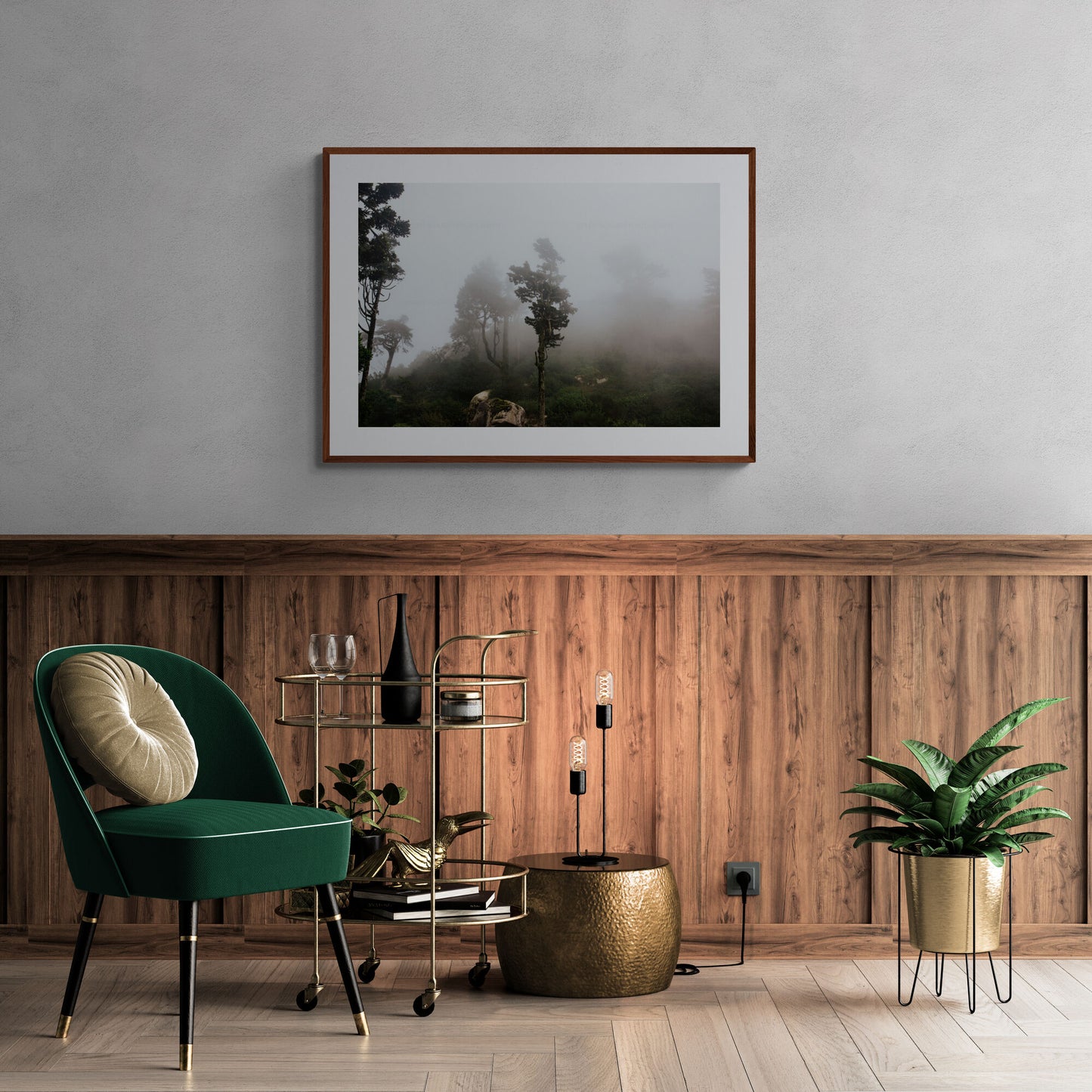 Photograph of foogy trees at moorish castle in sintra portugal as living room wall art