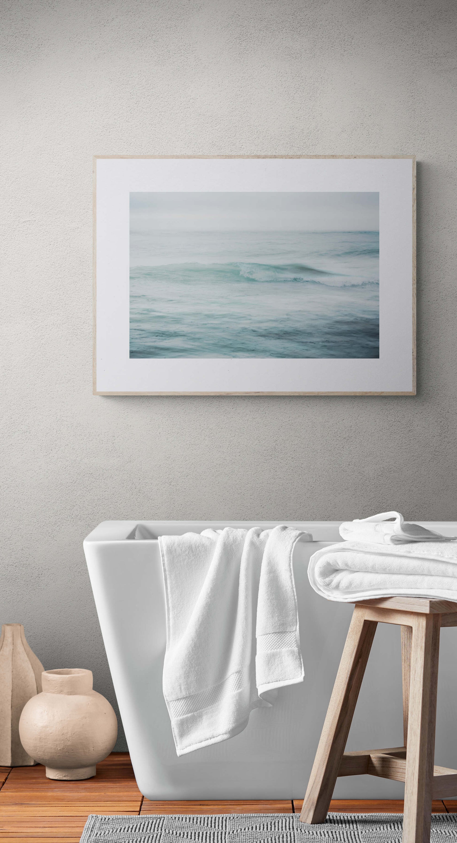 Photograph of Ocean Wave as Wall Art in a Bathroom