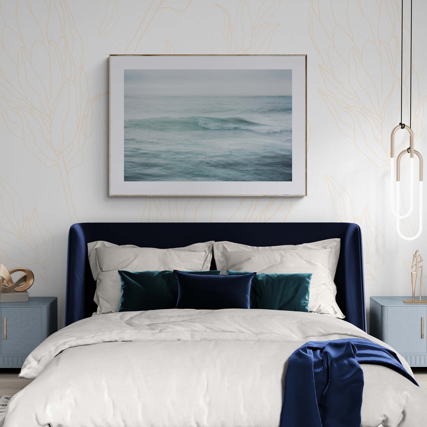 Photograph of Ocean Wave as Wall Art in a Bedroom