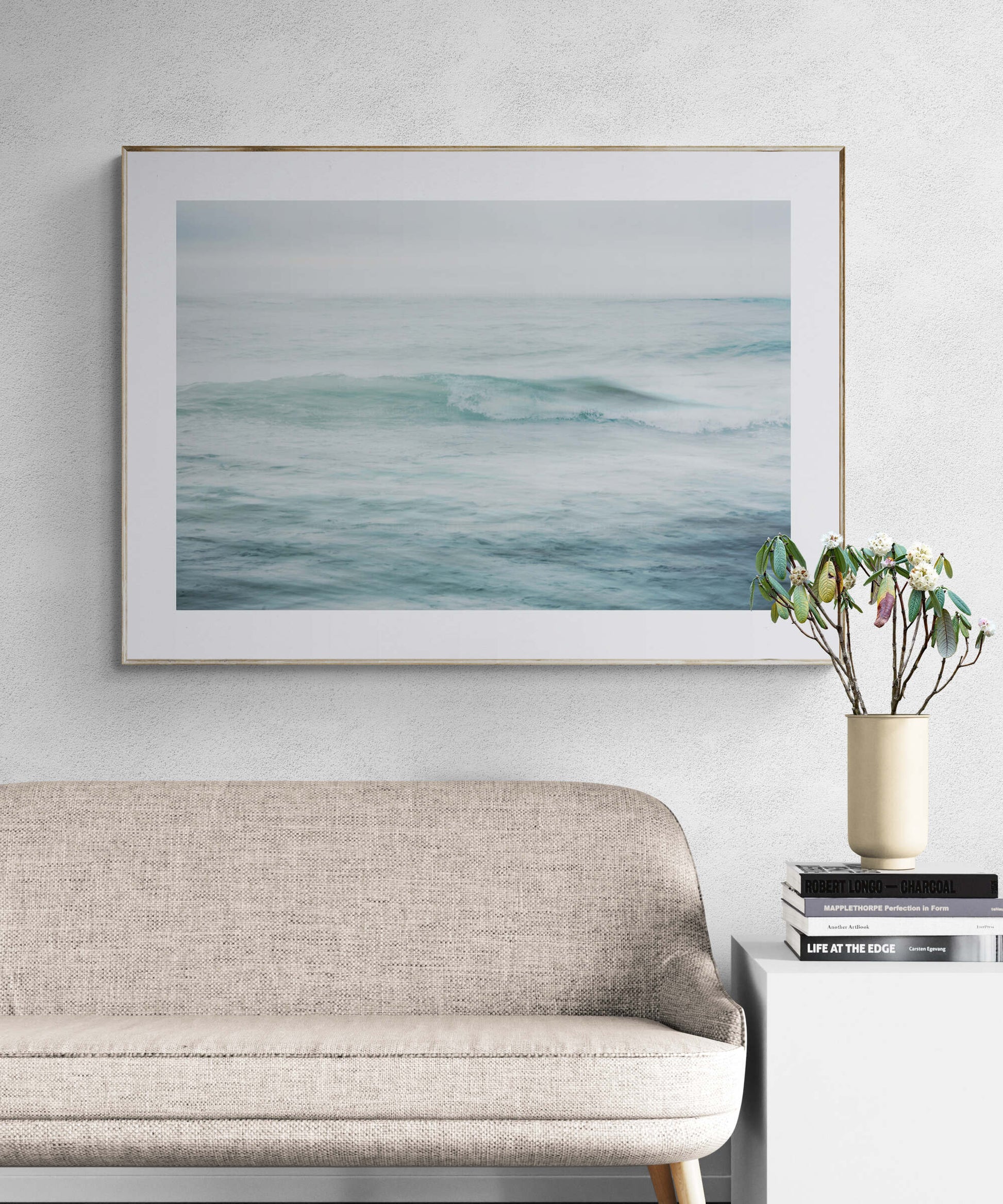 Photograph of Ocean Wave as Wall Art in a Living Room