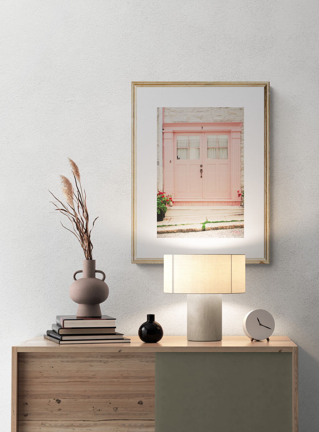 Photogoraph of Pink Doors as Wall Art in an entryway