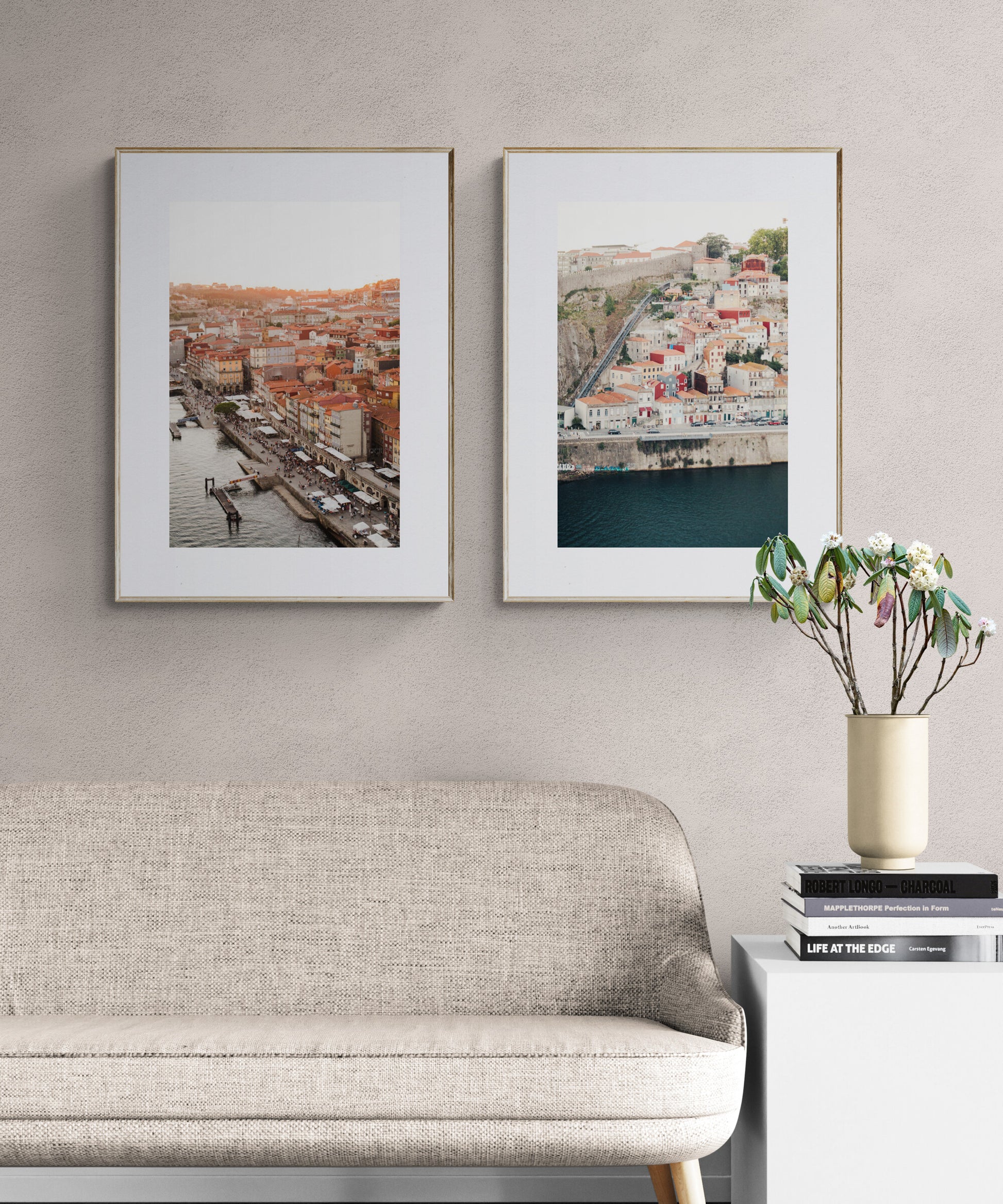 Set of two photographs of porto portugal at sunset in a living room