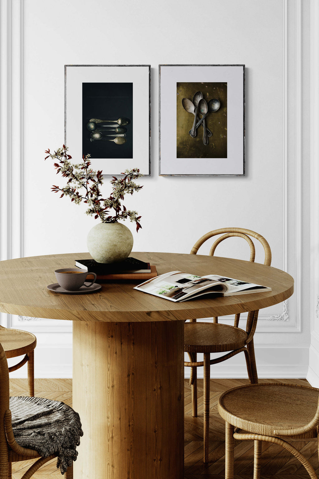 Photographs of vintage spoons as dining room wall art